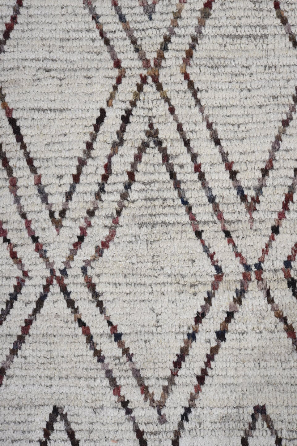 9' x 11' one-of-a-kind handmade vintage Tulu large size rug. Color palette: ivory, taupe, brown, charcoal, beige, gray