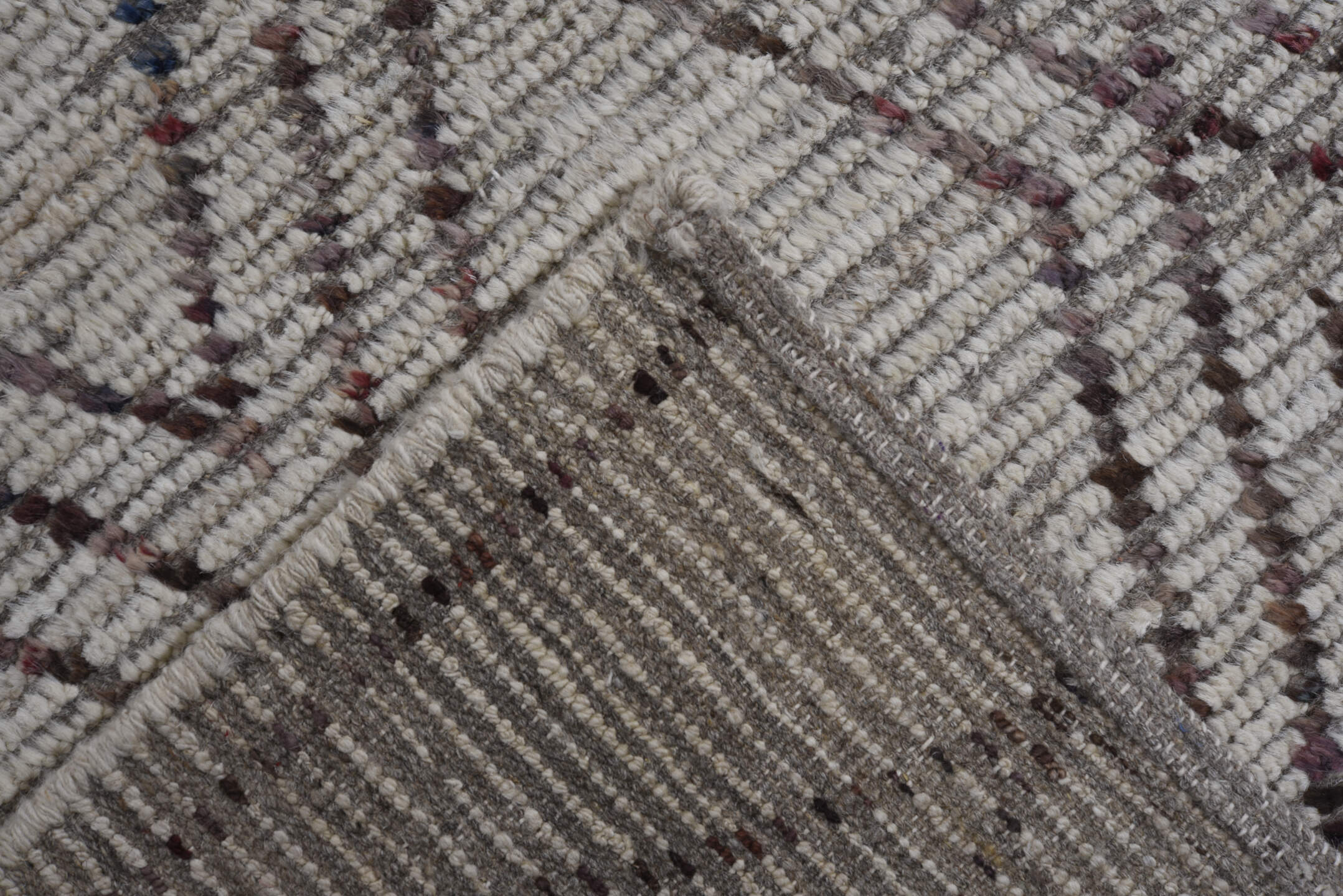 9' x 11' one-of-a-kind handmade vintage Tulu large size rug. Color palette: ivory, taupe, brown, charcoal, beige, gray