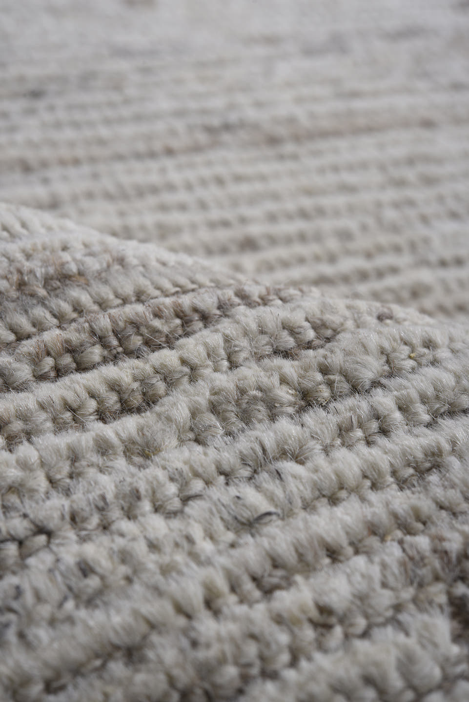 11' x 13' one-of-a-kind handmade vintage Tulu oversize rug. Color palette: ivory, taupe, cream, beige, gray