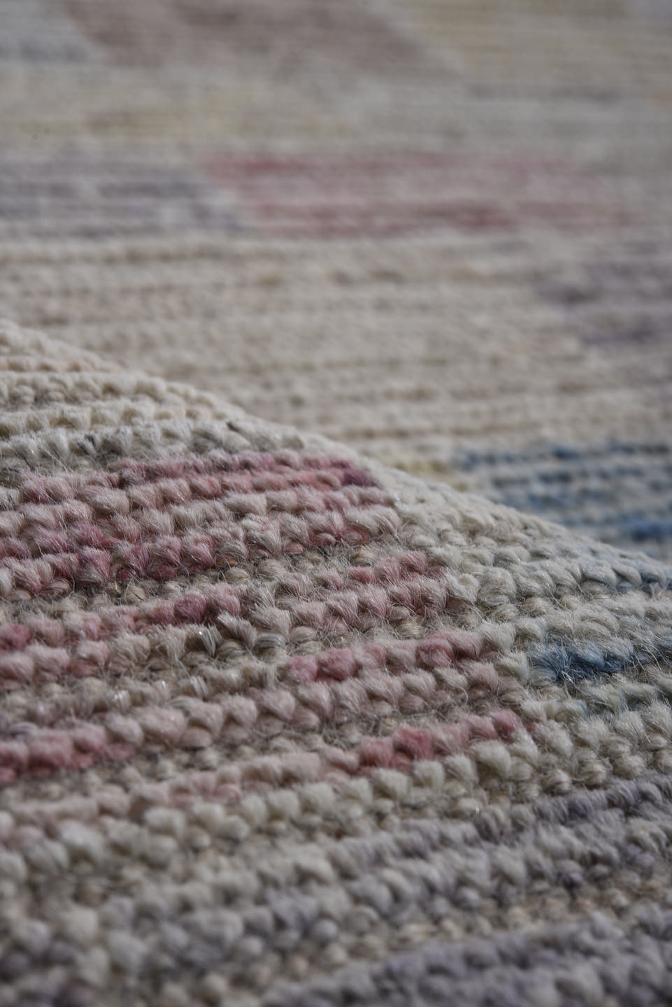 13' x 16' one-of-a-kind handmade vintage Tulu oversize rug. Color palette: ivory, sky blue, blush, lavender, pale gold