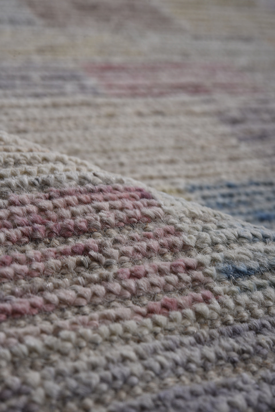13' x 16' one-of-a-kind handmade vintage Tulu oversize rug. Color palette: ivory, sky blue, blush, lavender, pale gold