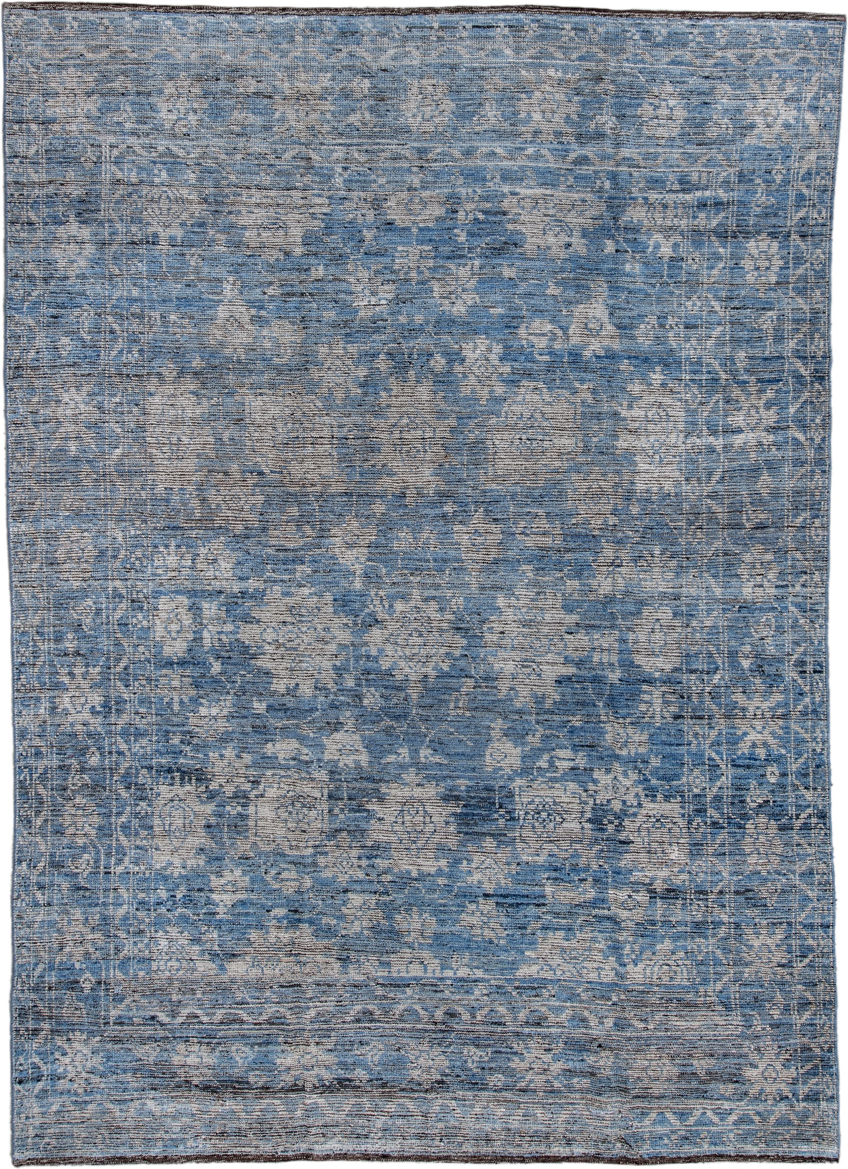 9' x 12' one-of-a-kind handmade vintage Oushak large size rug. Color palette: blue, ivory, slate, steel blue, charcoal, gray