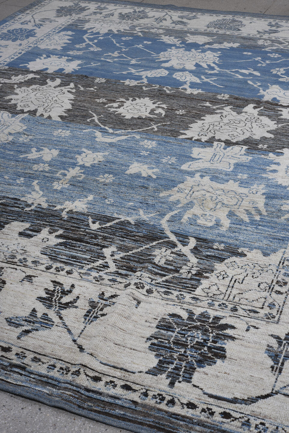 9' x 12' one-of-a-kind handmade vintage Oushak large size rug. Color palette: blue, ivory, charcoal, slate, powder_blue