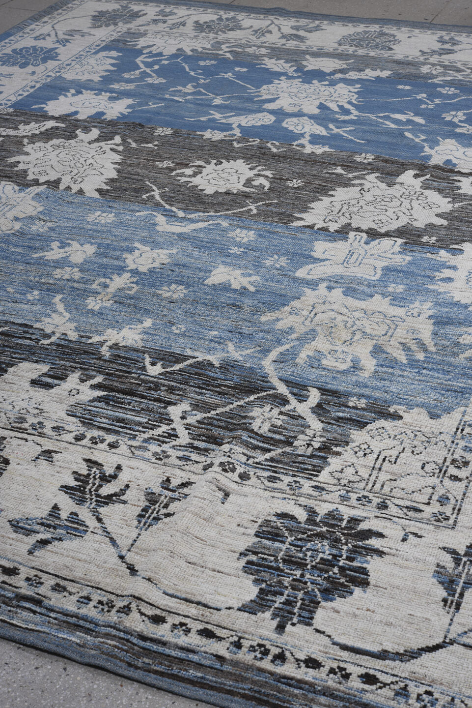 9' x 12' one-of-a-kind handmade vintage Oushak large size rug. Color palette: blue, ivory, charcoal, slate, powder_blue
