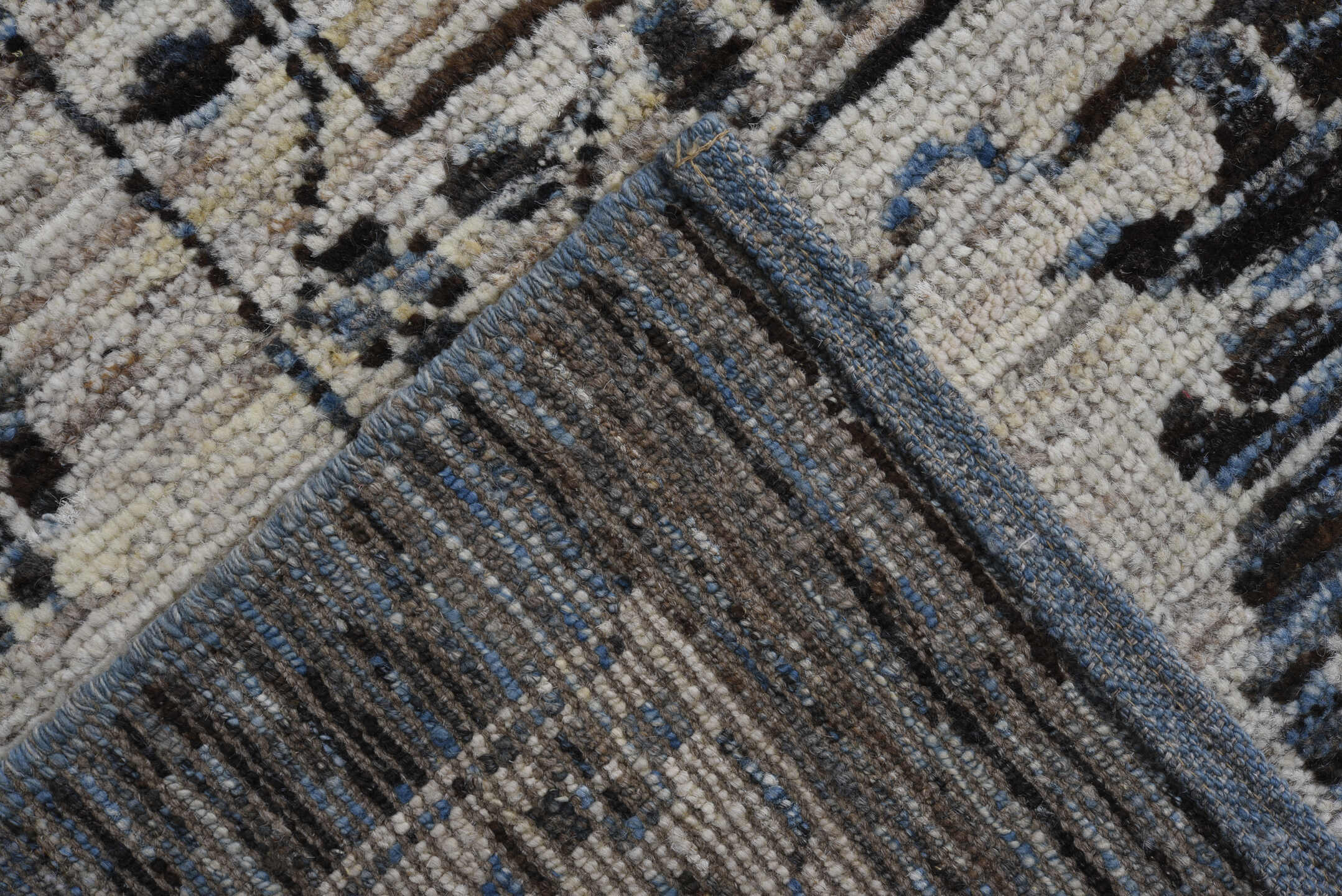 9' x 12' one-of-a-kind handmade vintage Oushak large size rug. Color palette: blue, ivory, charcoal, slate, powder_blue