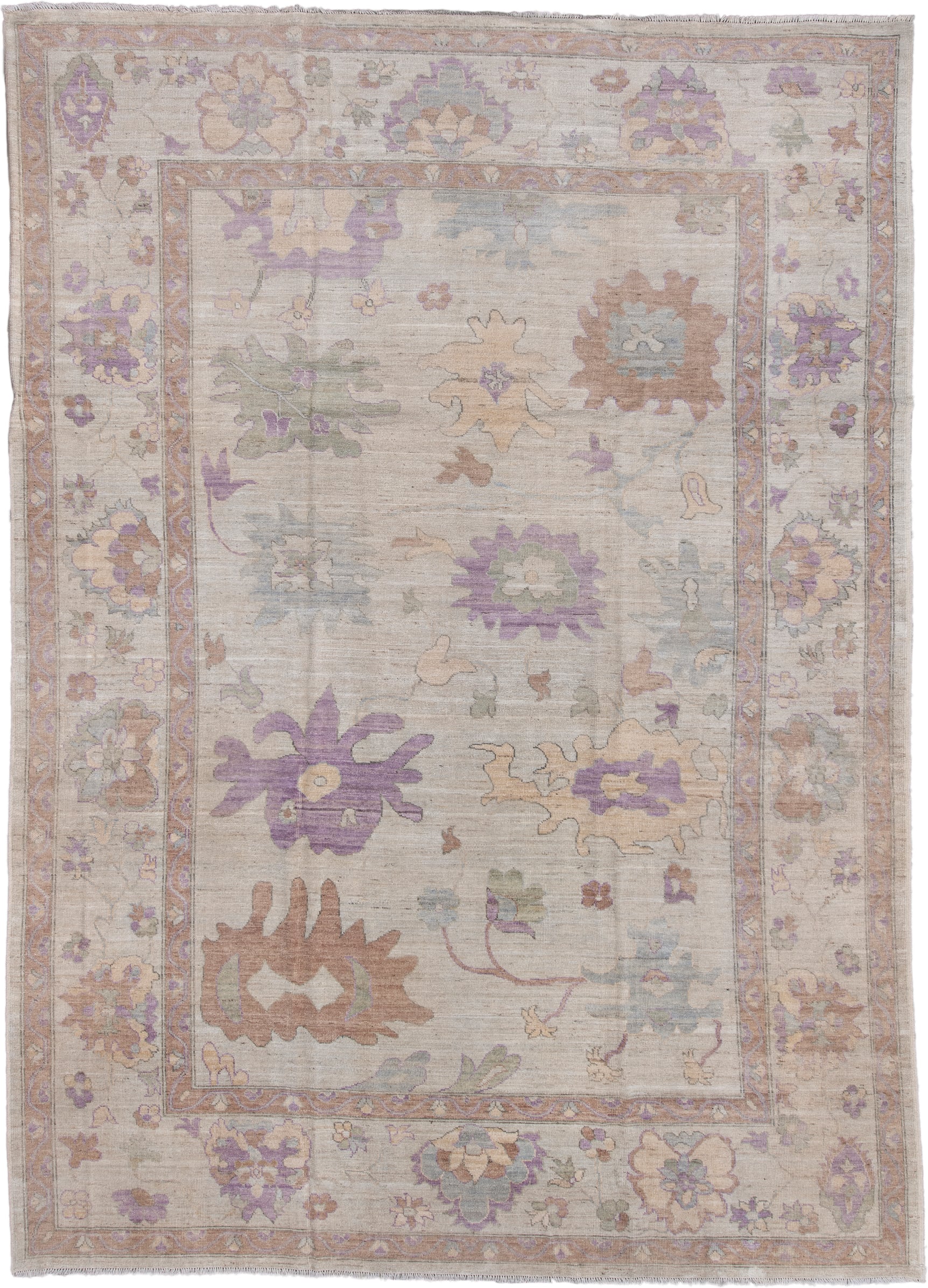 10' x 14' one-of-a-kind handmade vintage Oushak large size rug. Color palette: ivory, lavender, taupe, sage, pale blue