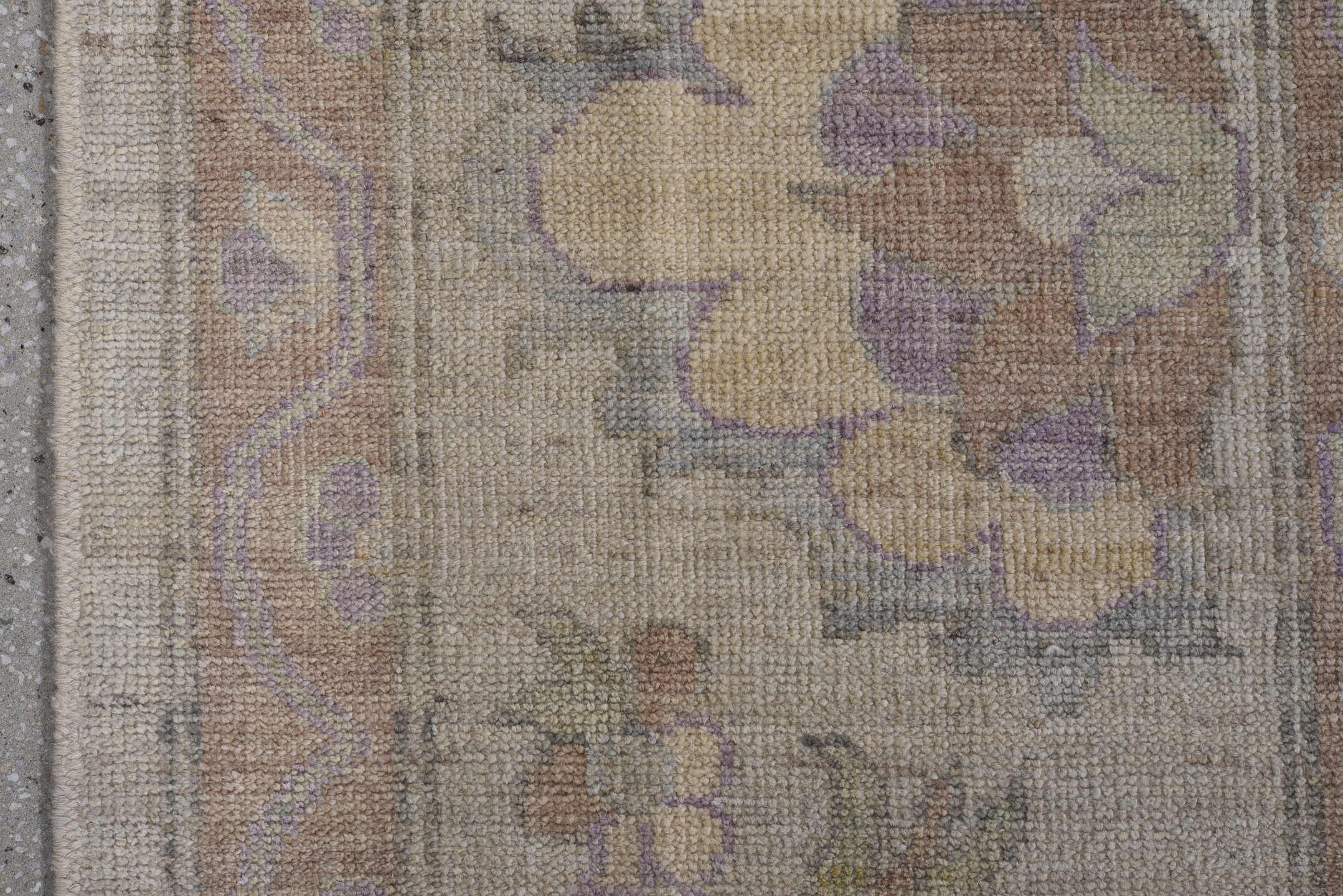 10' x 14' one-of-a-kind handmade vintage Oushak large size rug. Color palette: ivory, lavender, taupe, sage, pale blue