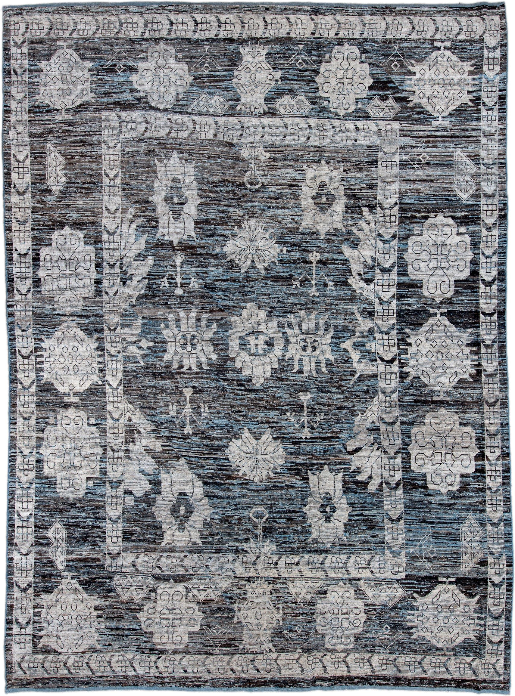10' x 14' one-of-a-kind handmade vintage Oushak large size rug. Color palette: charcoal, ivory, slate, gray, taupe, black