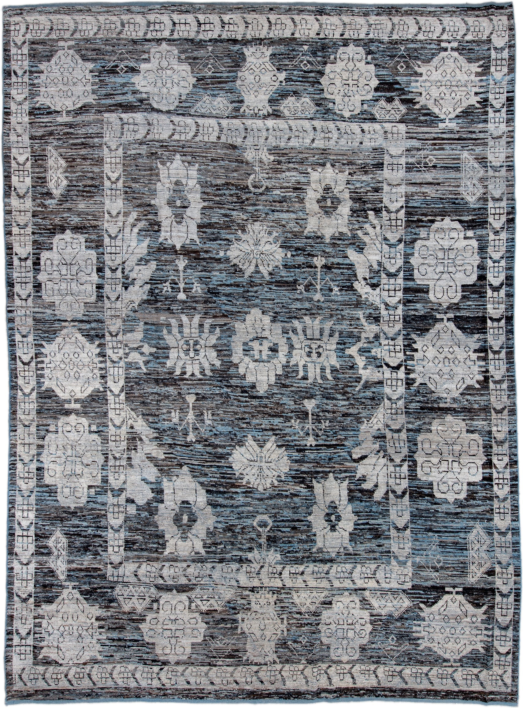 10' x 14' one-of-a-kind handmade vintage Oushak large size rug. Color palette: charcoal, ivory, slate, gray, taupe, black