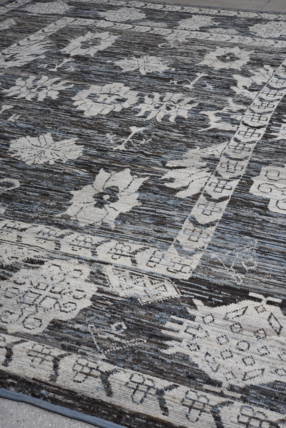 10' x 14' one-of-a-kind handmade vintage Oushak large size rug. Color palette: charcoal, ivory, slate, gray, taupe, black