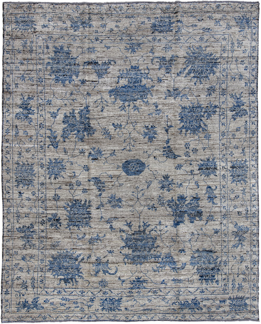 9' x 11' one-of-a-kind handmade vintage Oushak large size rug. Color palette: ivory, denim, slate, taupe, charcoal, blue