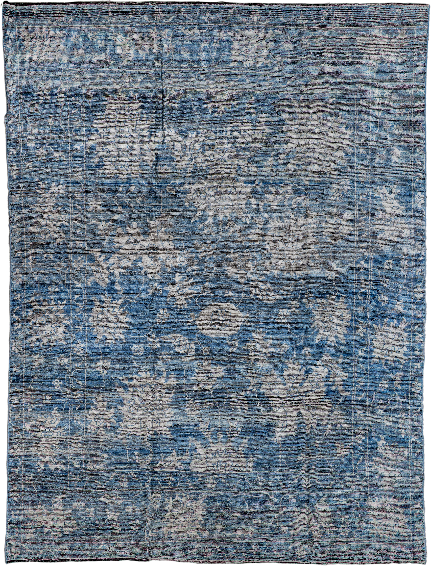 9' x 12' one-of-a-kind handmade vintage Oushak large size rug. Color palette: blue, ivory, slate, charcoal, gray, black
