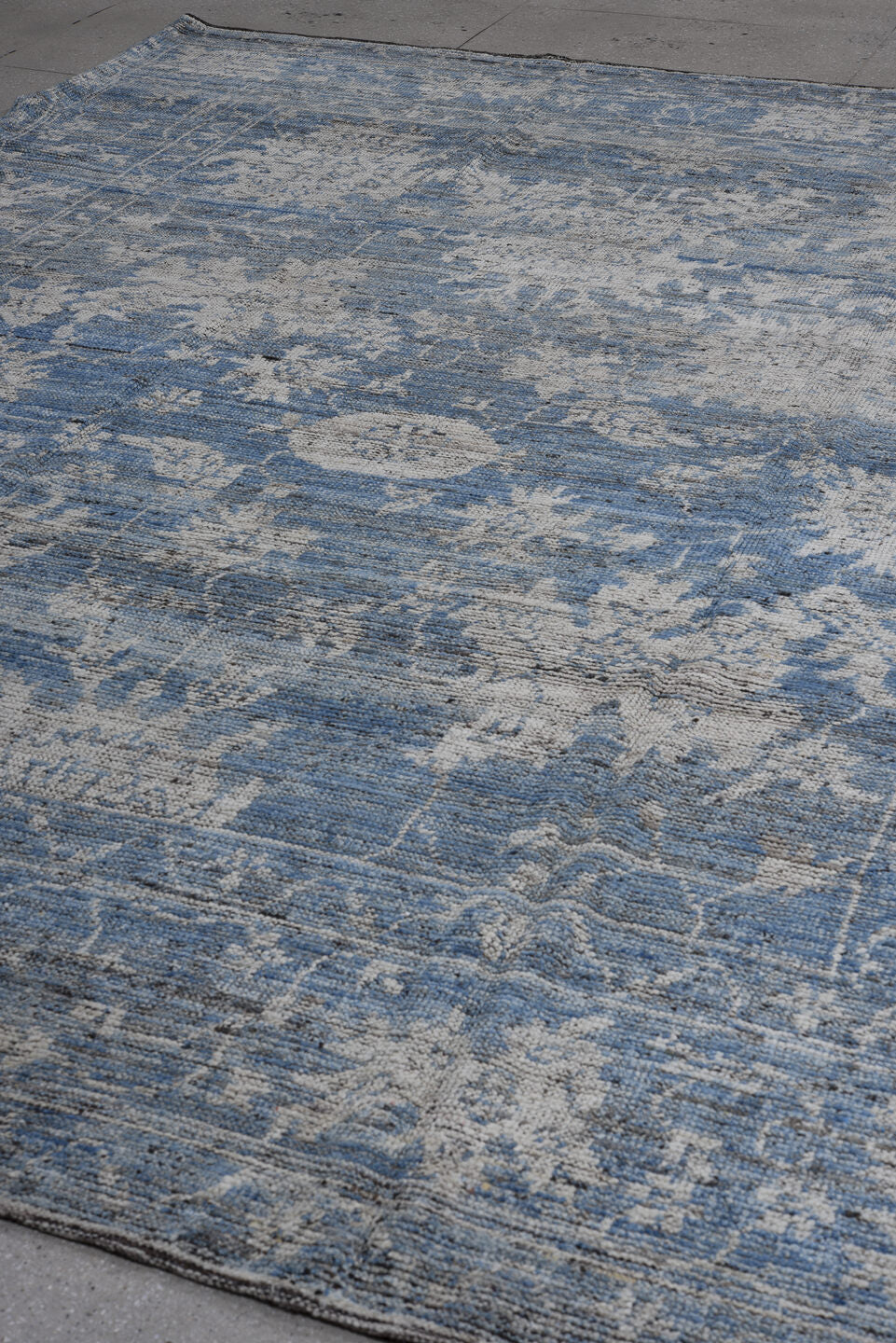 9' x 12' one-of-a-kind handmade vintage Oushak large size rug. Color palette: blue, ivory, slate, charcoal, gray, black