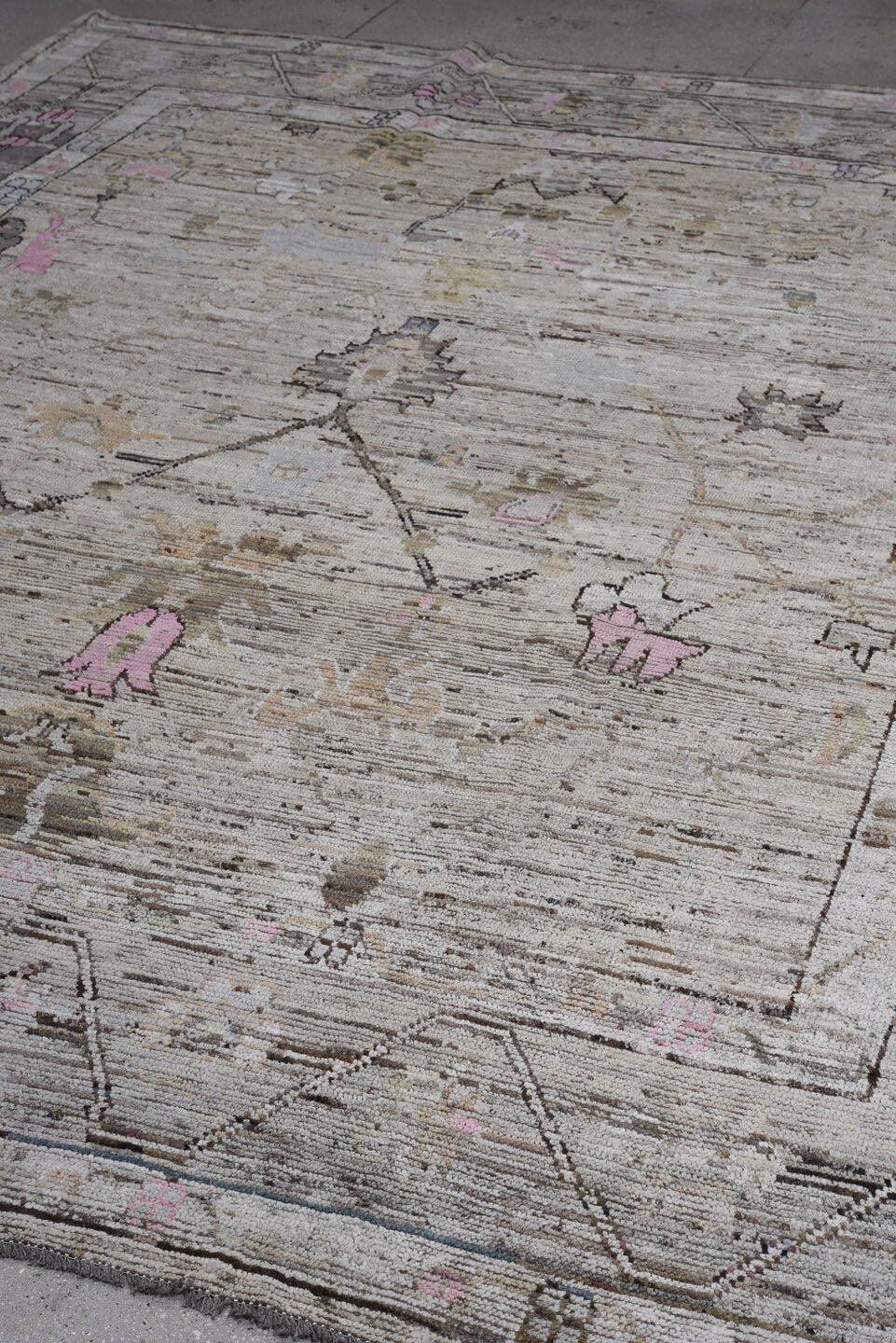 9' x 11' one-of-a-kind handmade vintage Oushak large size rug. Color palette: taupe, ivory, charcoal, blush, gray, beige