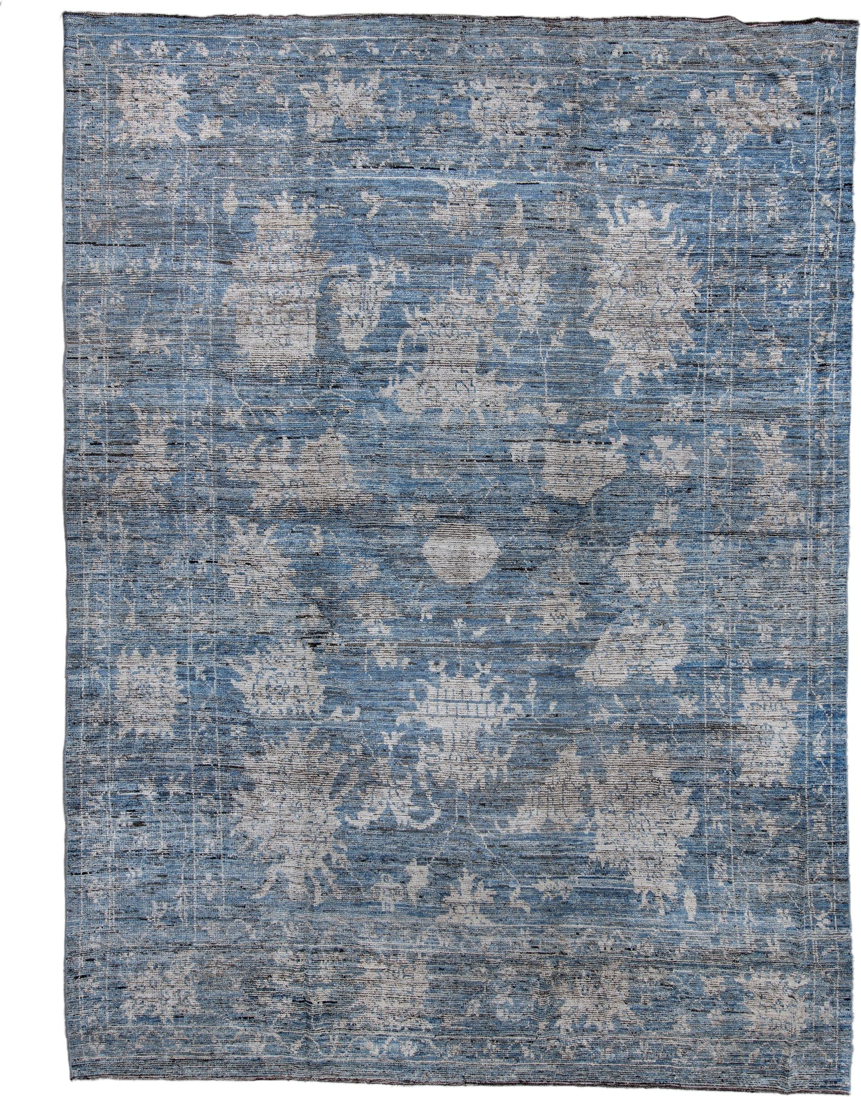 10' x 13' one-of-a-kind handmade vintage Oushak large size rug. Color palette: blue, ivory, slate, steel_blue, gray