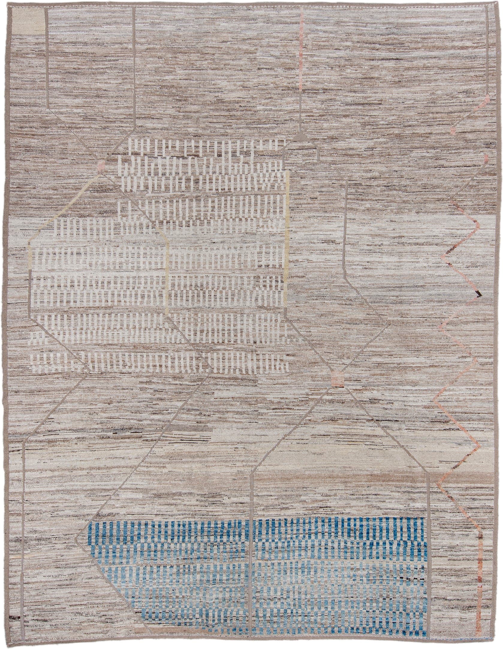 9' x 12' one-of-a-kind handmade vintage Tulu large size rug. Color palette: taupe, ivory, gray, blue, cream, blush, charcoal