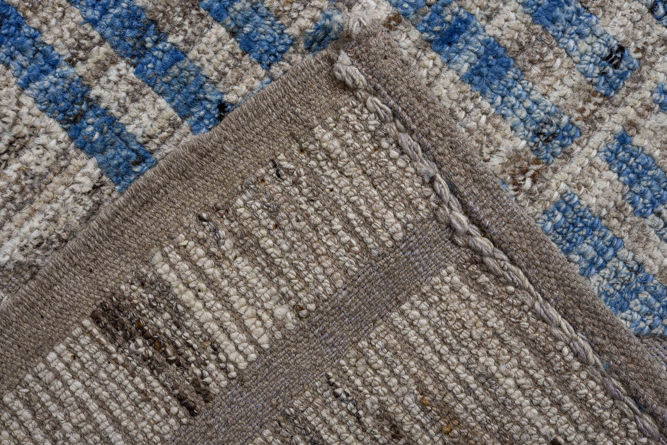9' x 12' one-of-a-kind handmade vintage Tulu large size rug. Color palette: taupe, ivory, gray, blue, cream, blush, charcoal