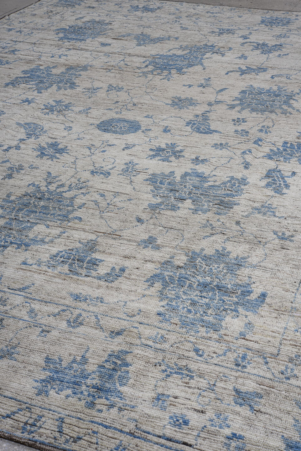 10' x 13' one-of-a-kind handmade vintage Oushak large size rug. Color palette: ivory, sky blue, slate, taupe, light blue