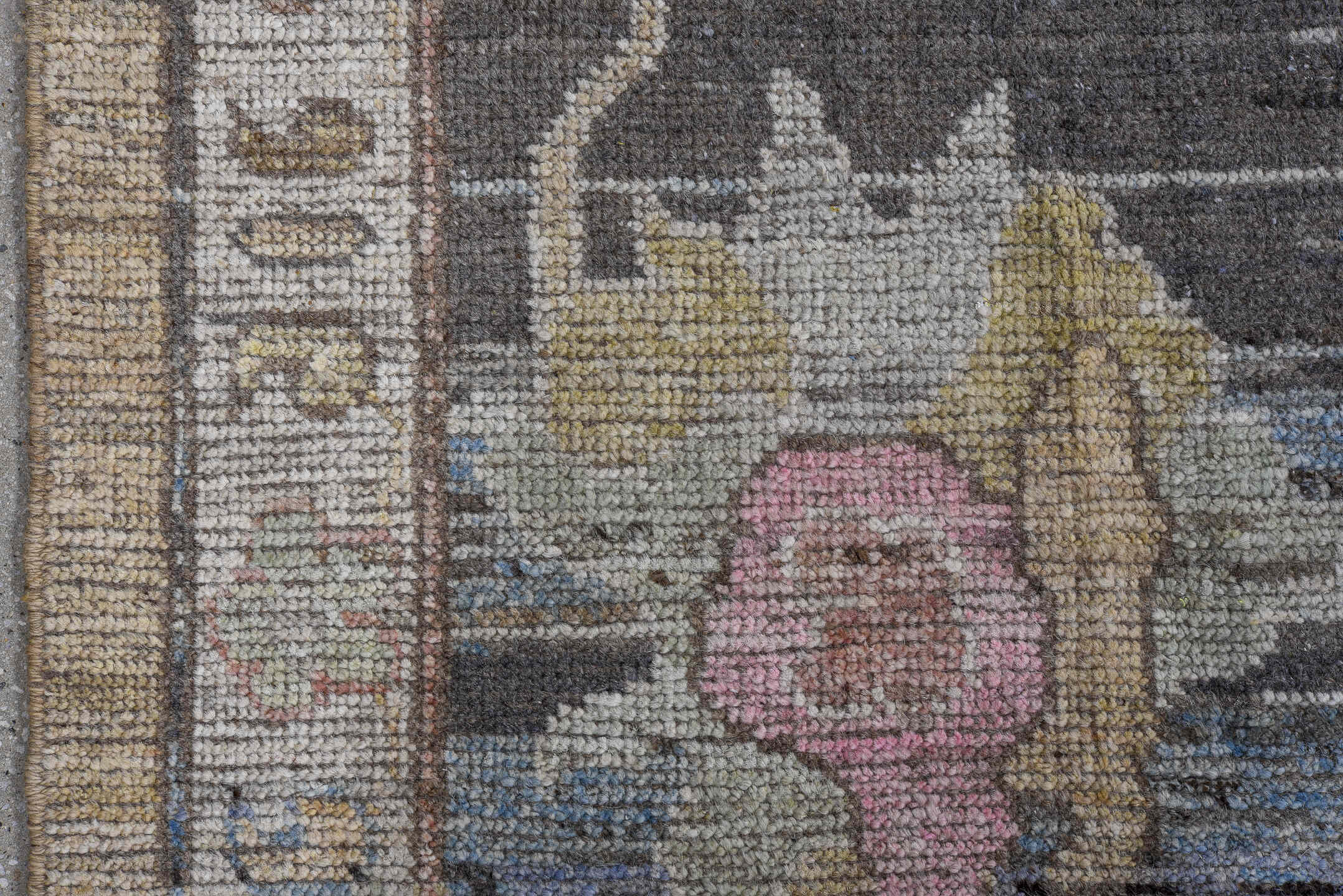 10' x 13' one-of-a-kind handmade vintage Oushak oversize rug. Color palette: beige, taupe, charcoal, ivory, blush, pale blue