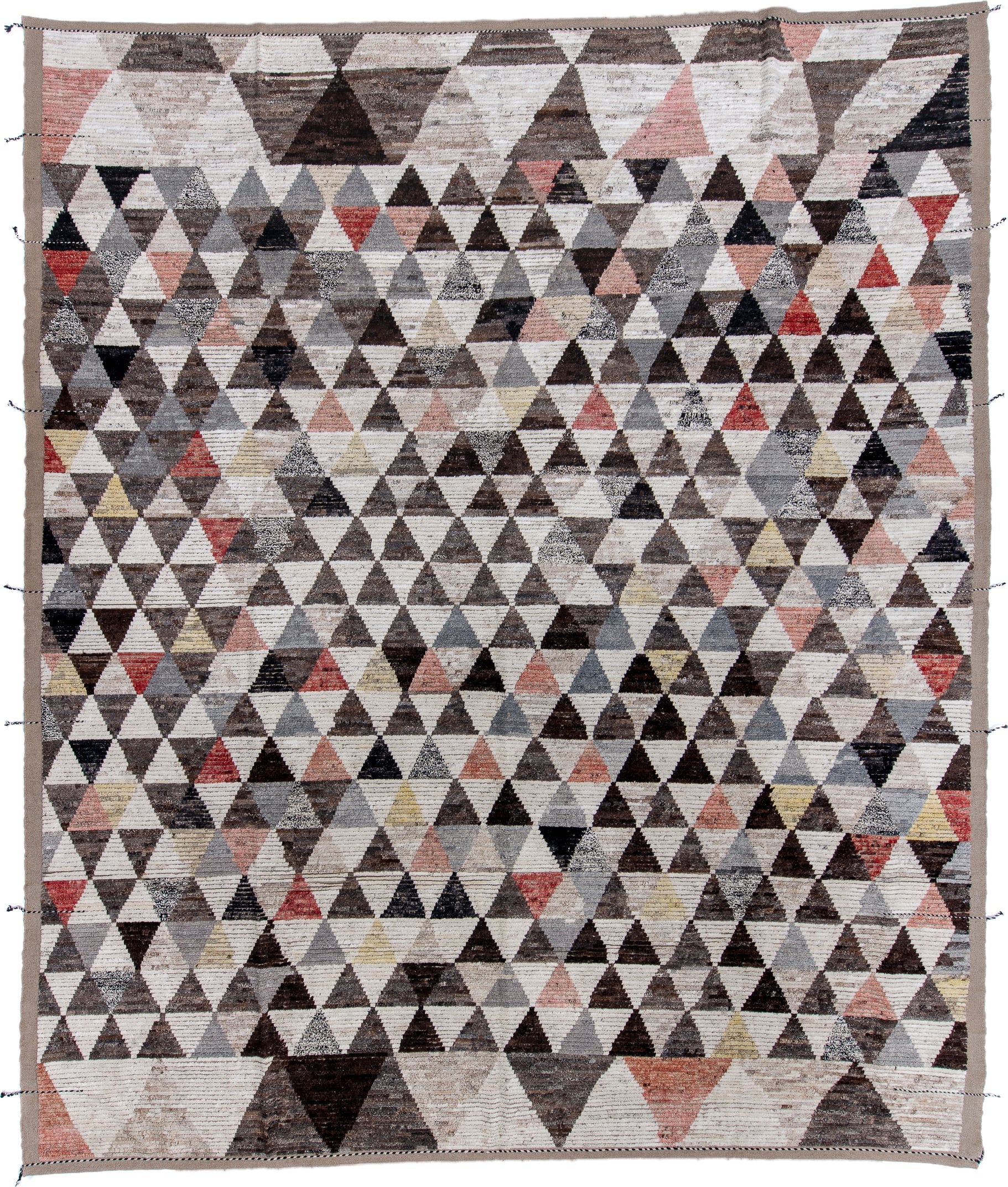 13' x 16' one-of-a-kind handmade vintage Tulu oversize rug. Color palette: ivory, gray, charcoal, taupe, blush, rust, black
