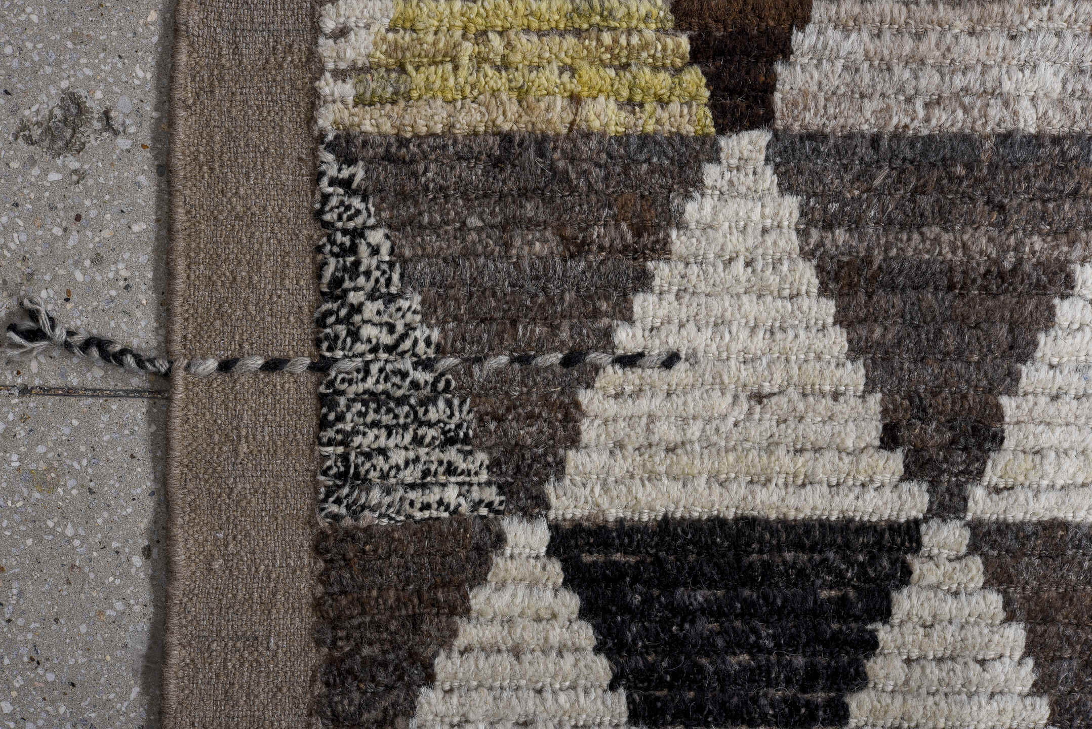 13' x 16' one-of-a-kind handmade vintage Tulu oversize rug. Color palette: ivory, gray, charcoal, taupe, blush, rust, black