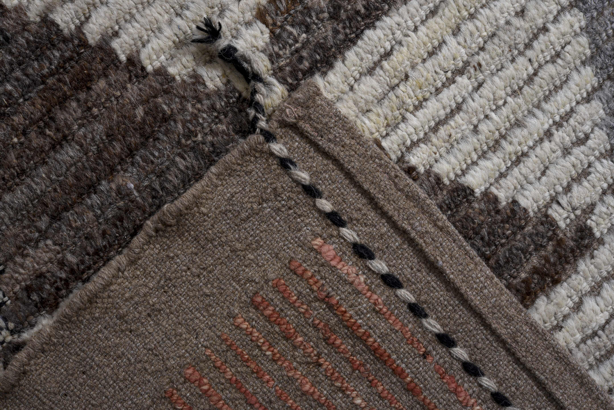 13' x 16' one-of-a-kind handmade vintage Tulu oversize rug. Color palette: ivory, gray, charcoal, taupe, blush, rust, black