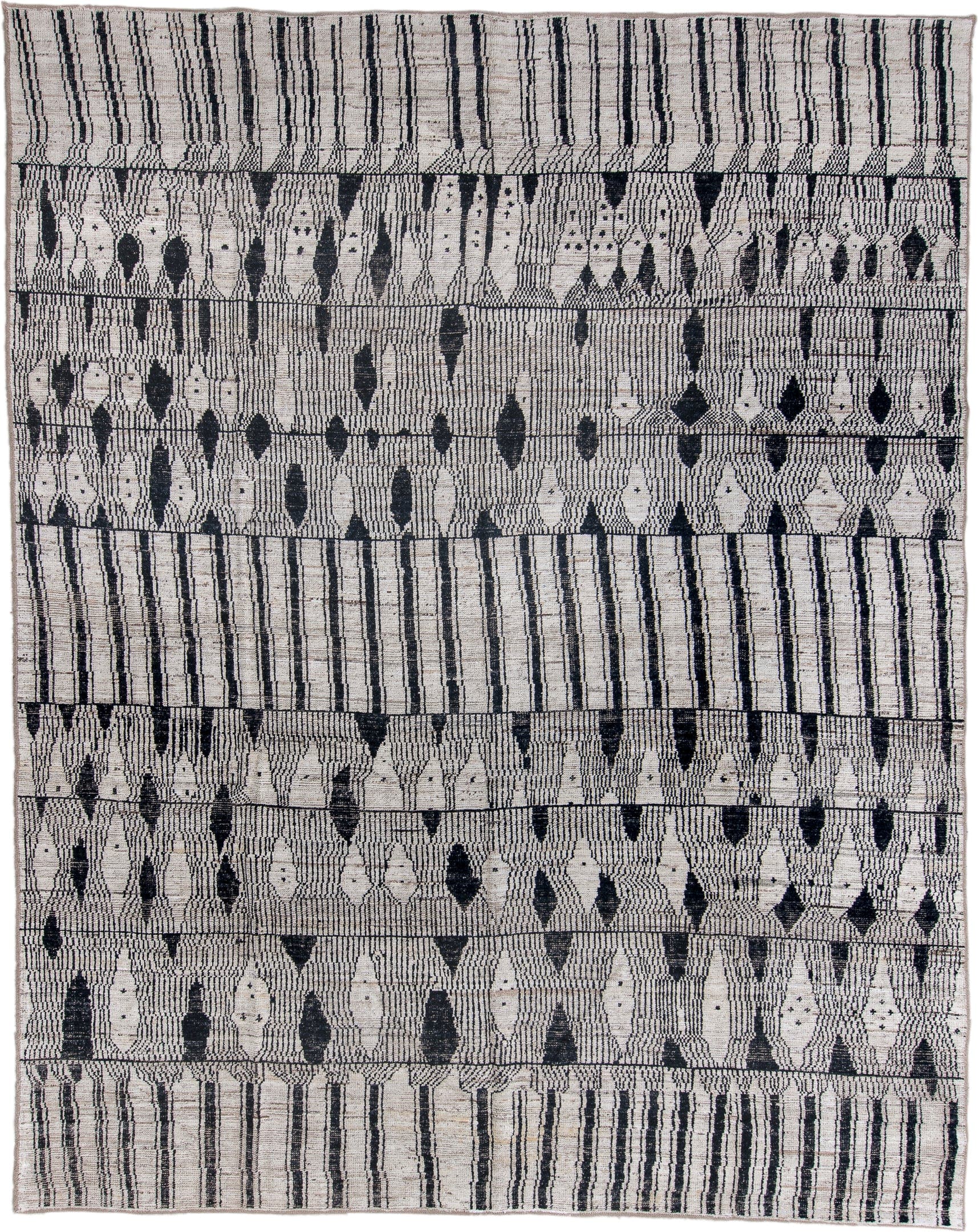 11' x 14' one-of-a-kind handmade vintage Tulu oversize rug. Color palette: ivory, charcoal, taupe, gray, black, beige