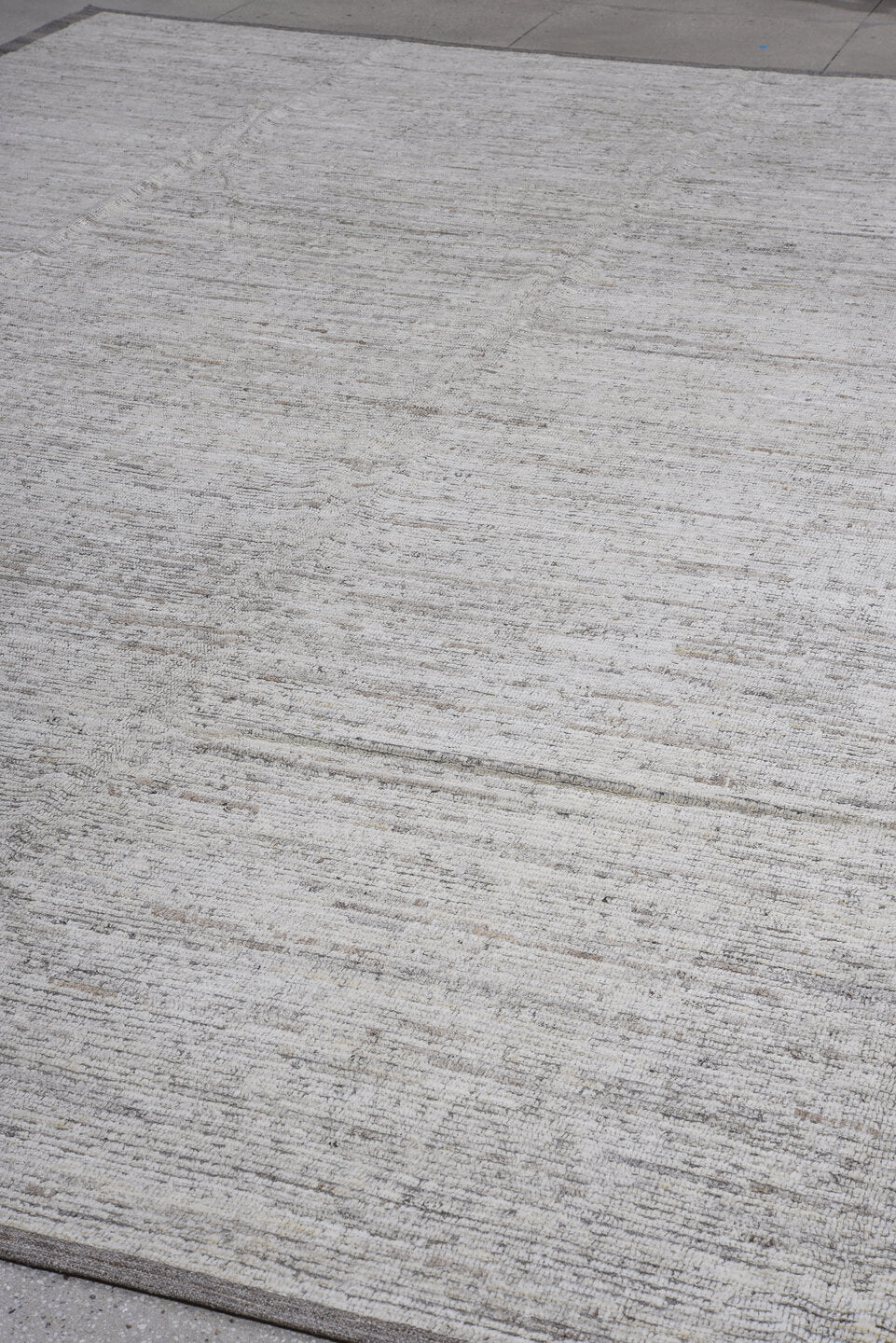 13' x 16' one-of-a-kind handmade vintage Tulu oversize rug. Color palette: ivory, taupe, gray, greige, beige