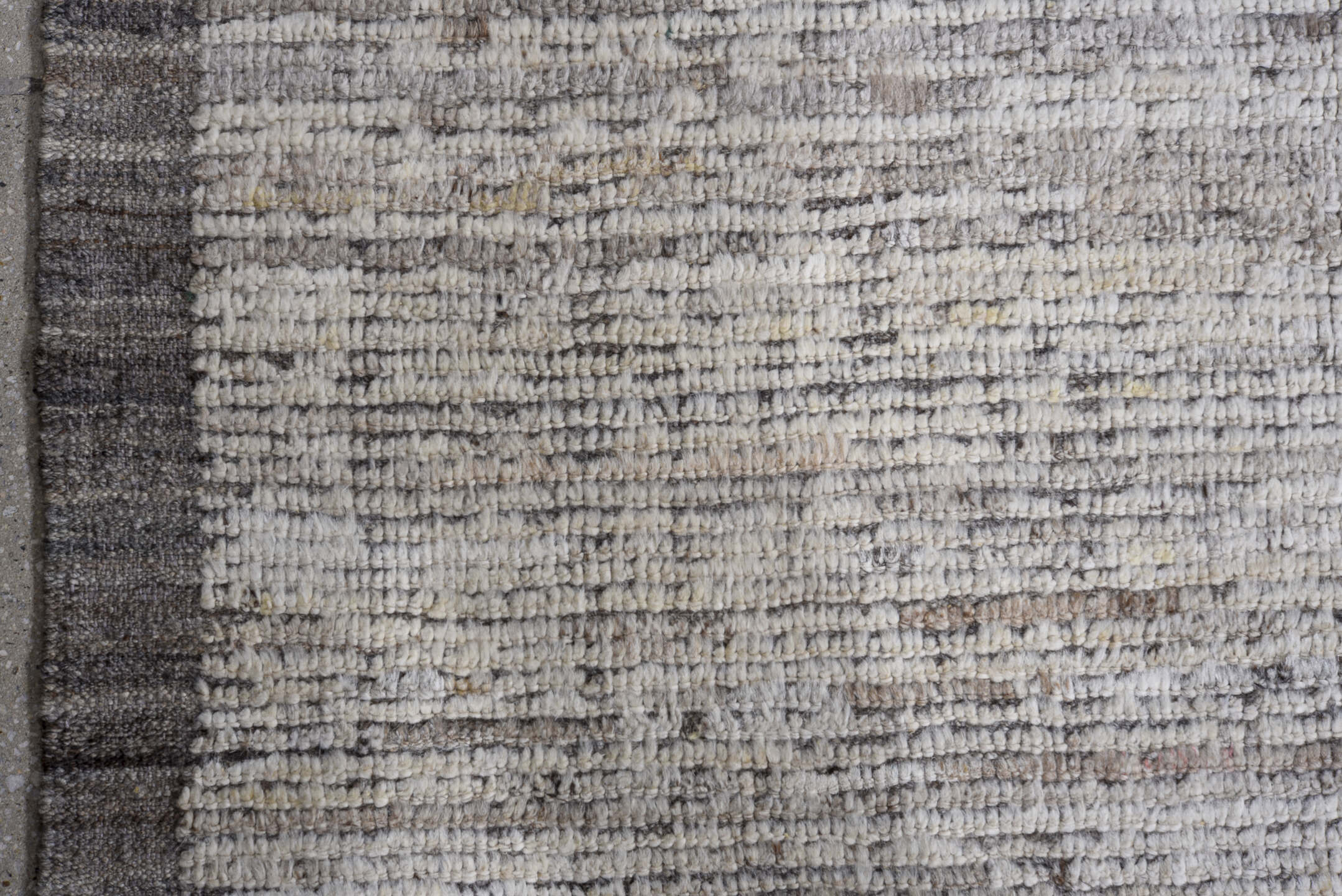 13' x 16' one-of-a-kind handmade vintage Tulu oversize rug. Color palette: ivory, taupe, gray, greige, beige