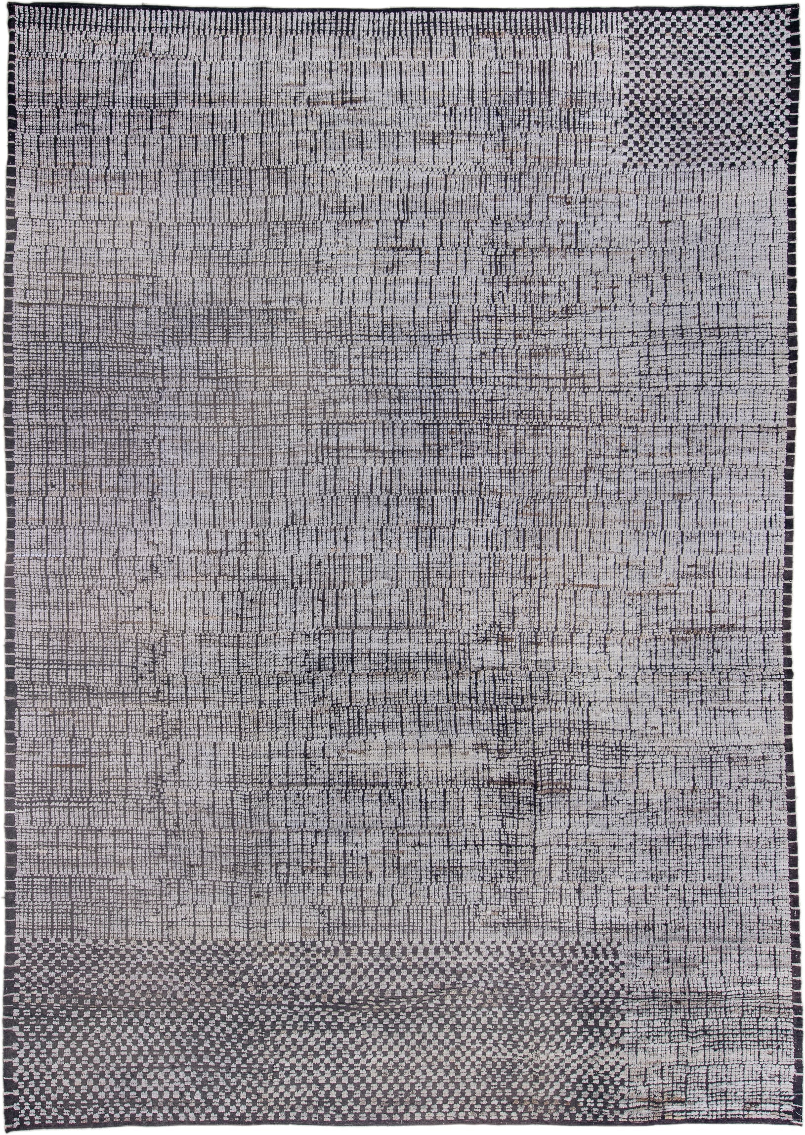 9' x 13' one-of-a-kind handmade vintage Tulu large size rug. Color palette: ivory, charcoal, black, gray