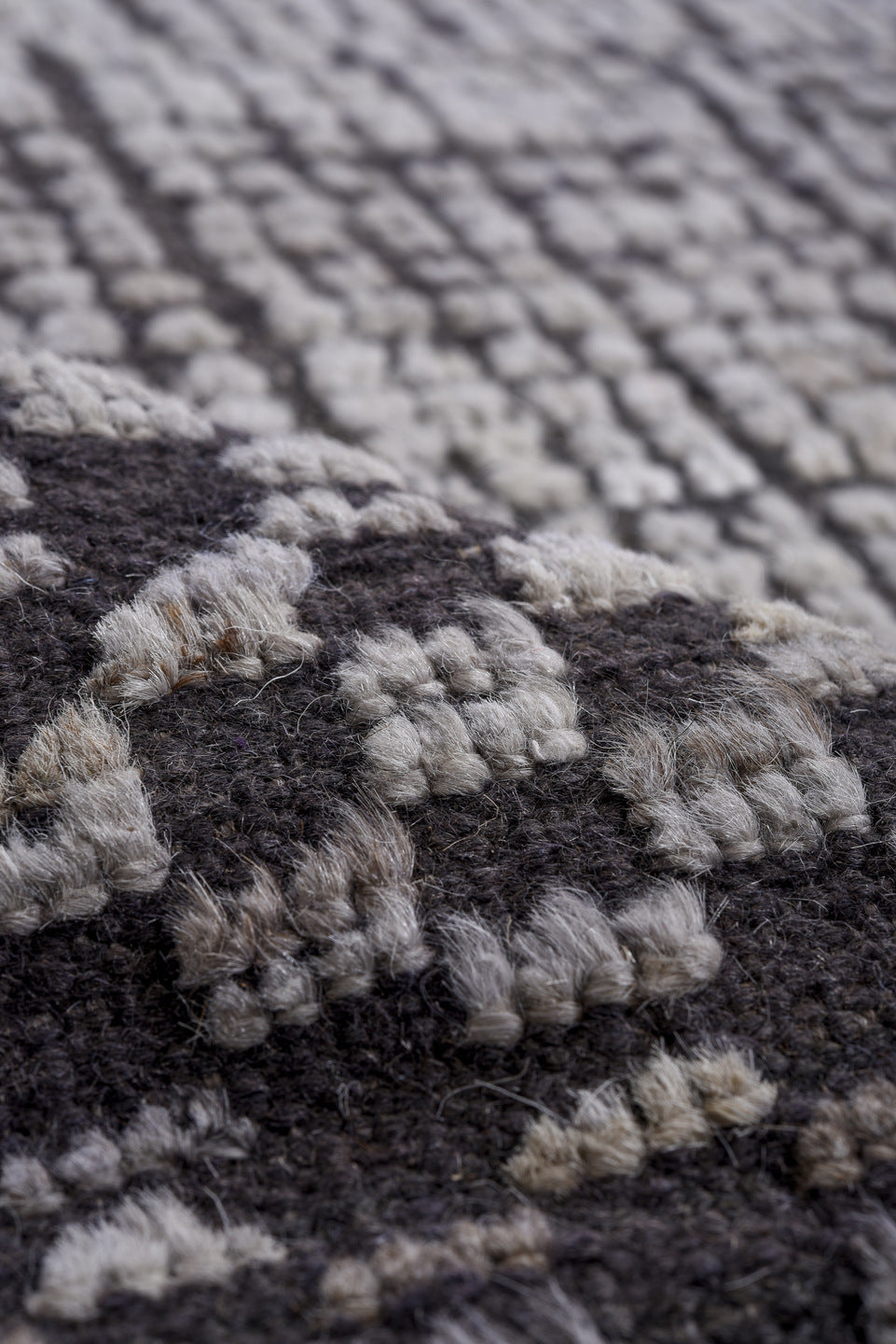 9' x 13' one-of-a-kind handmade vintage Tulu large size rug. Color palette: ivory, charcoal, black, gray