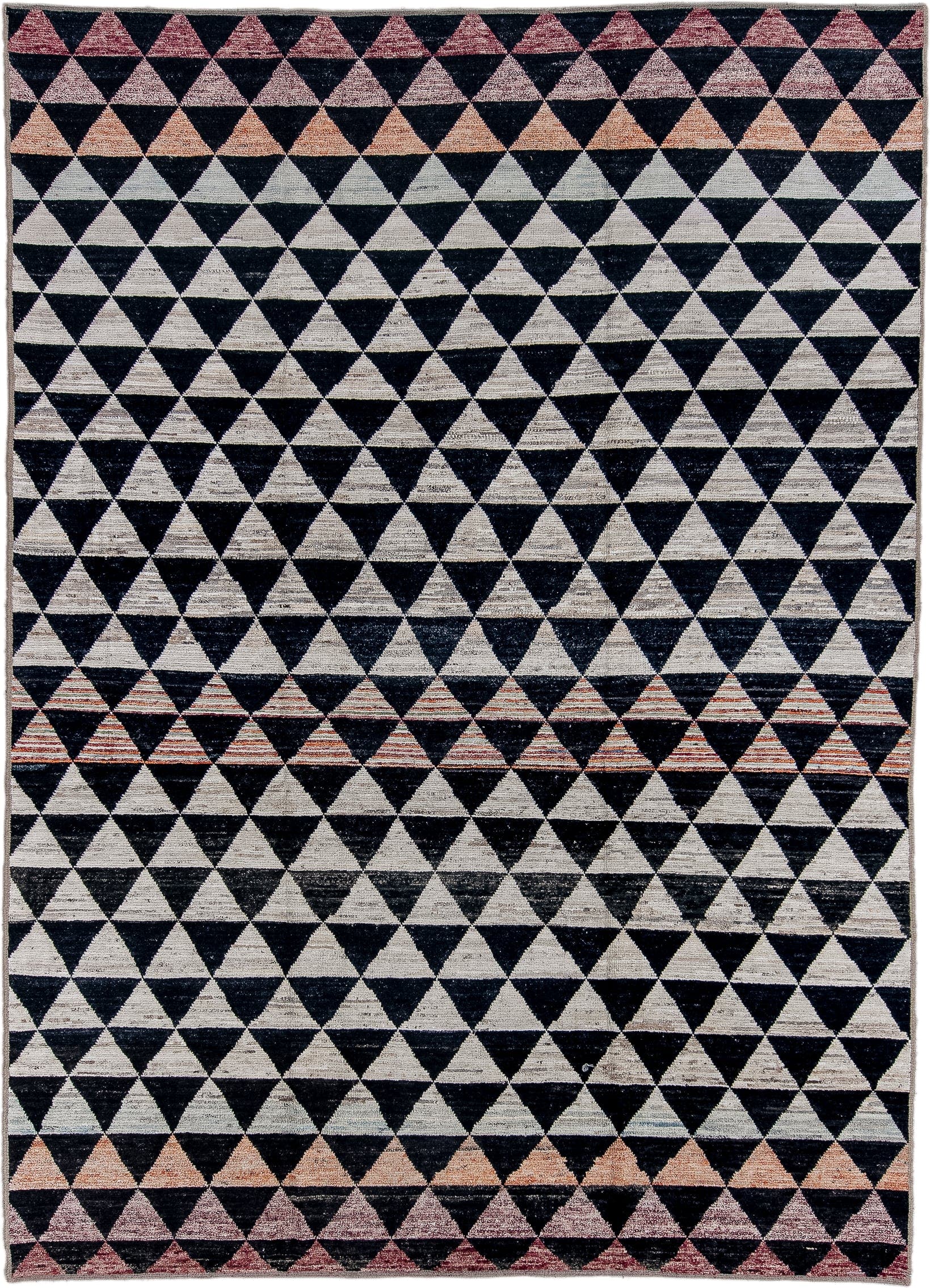 9' x 12' one-of-a-kind handmade vintage Tulu large size rug. Color palette: charcoal, ivory, rose, blush, rust, taupe, gray