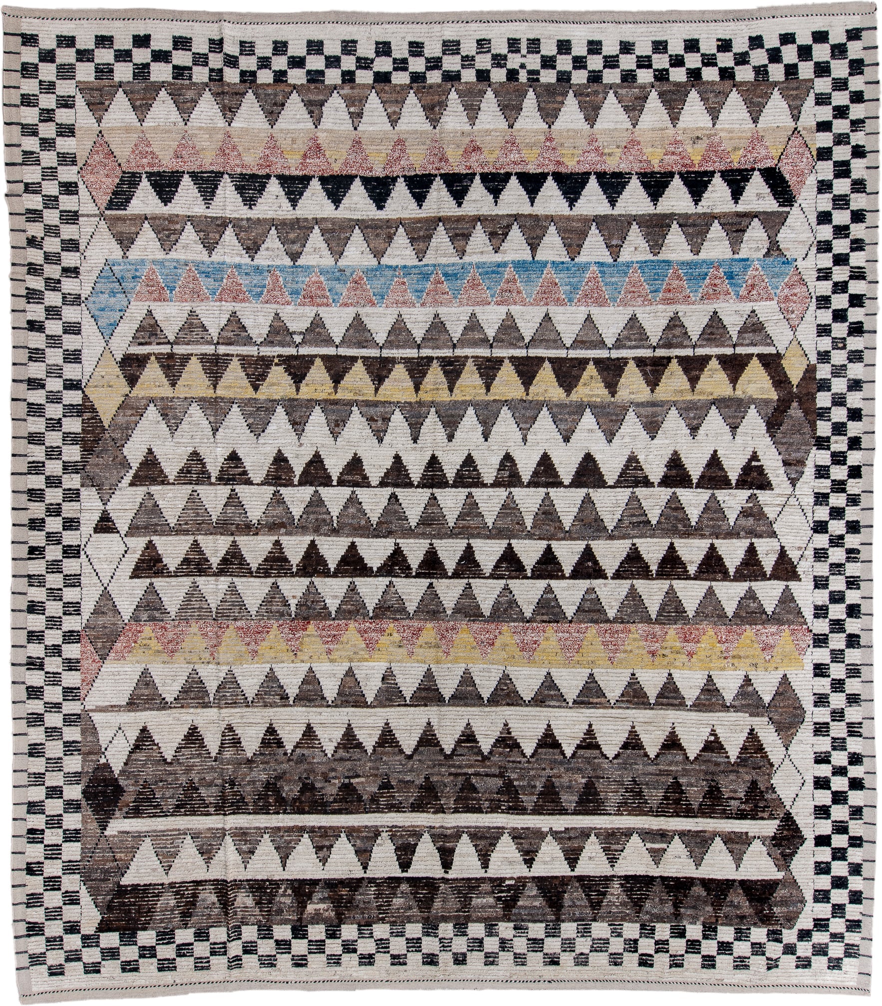 13' x 15' one-of-a-kind handmade vintage Tulu oversize rug. Color palette: ivory, charcoal, taupe, brown, soft blue, blush