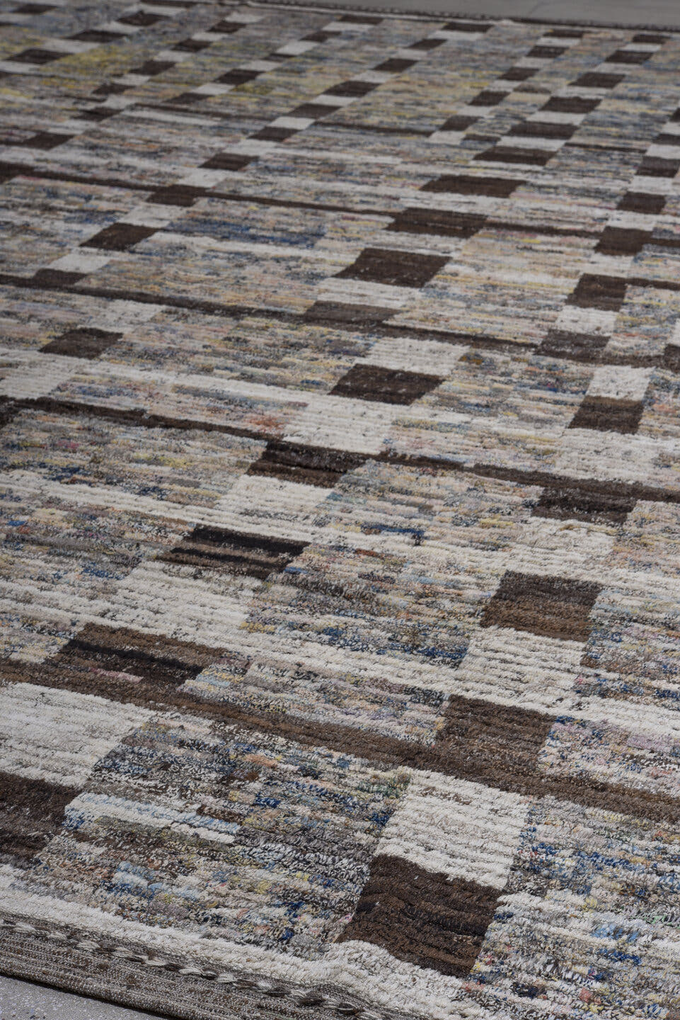 14' x 19' one-of-a-kind handmade vintage Tulu oversize rug. Color palette: ivory, charcoal, slate, taupe, sky blue, cream