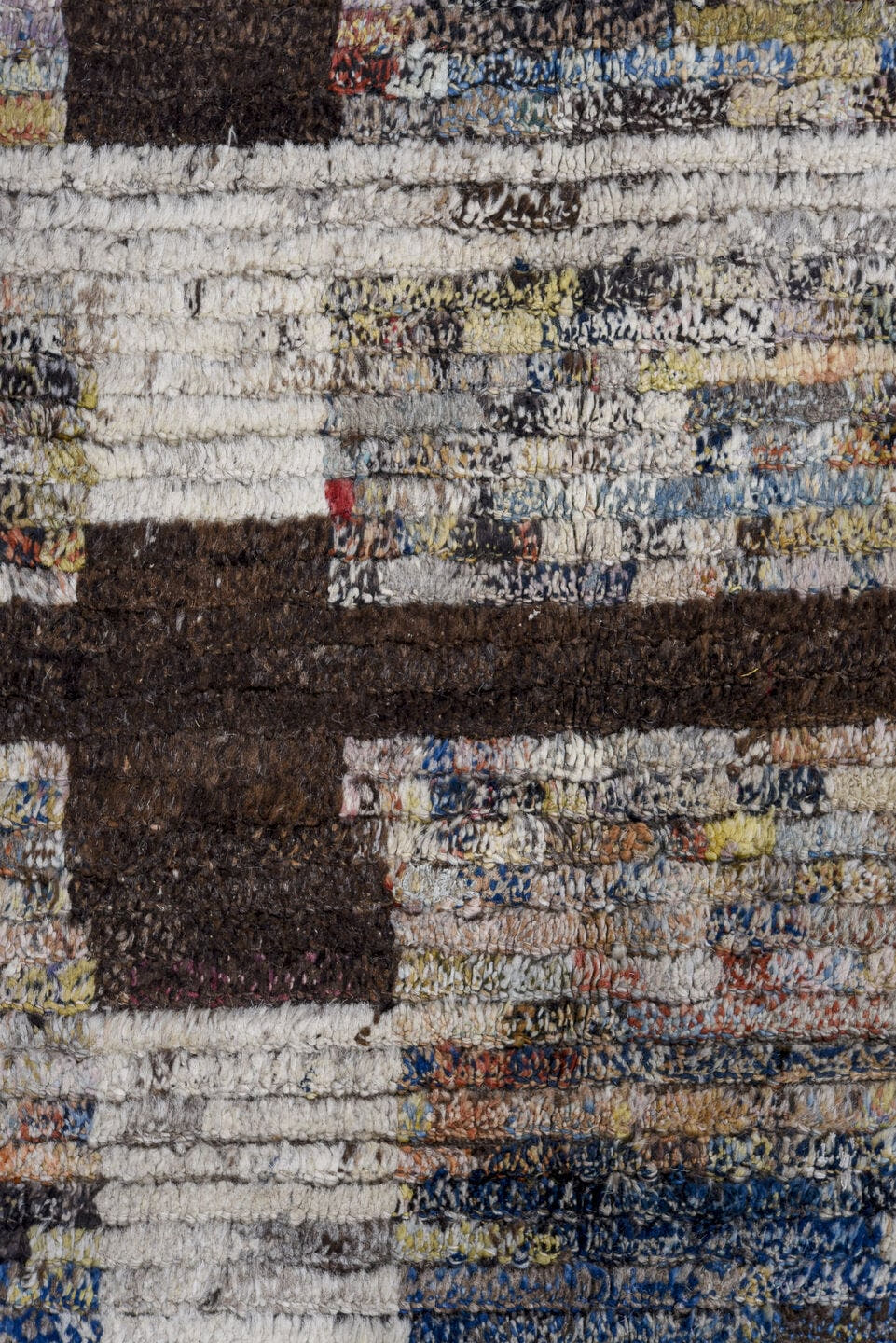 14' x 19' one-of-a-kind handmade vintage Tulu oversize rug. Color palette: ivory, charcoal, slate, taupe, sky blue, cream