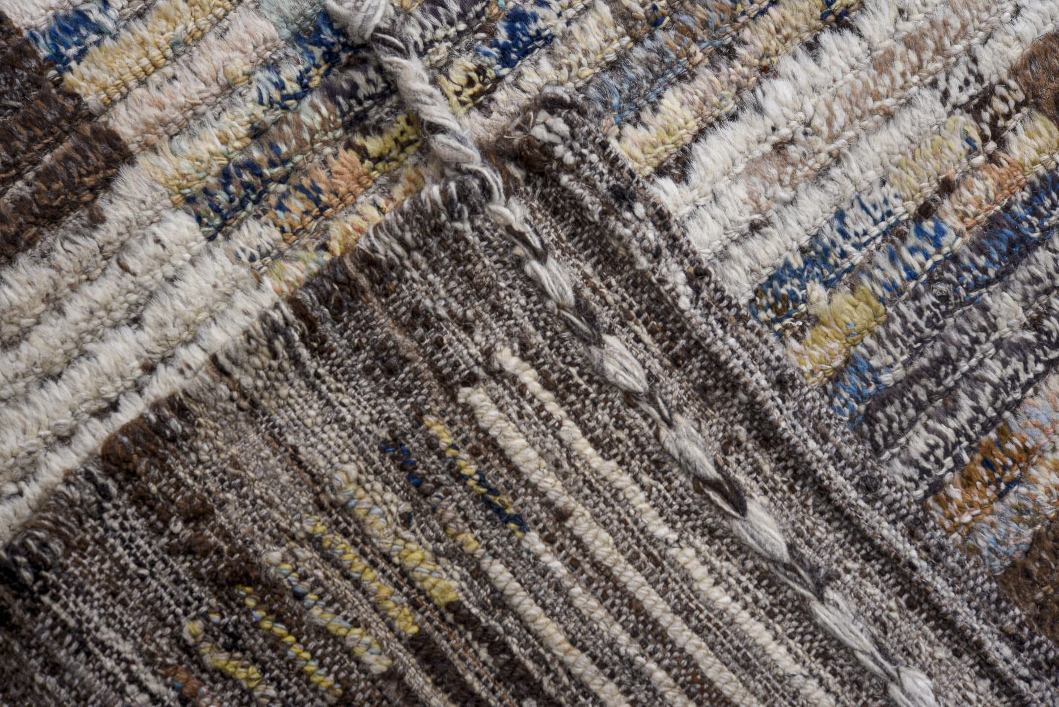14' x 19' one-of-a-kind handmade vintage Tulu oversize rug. Color palette: ivory, charcoal, slate, taupe, sky blue, cream
