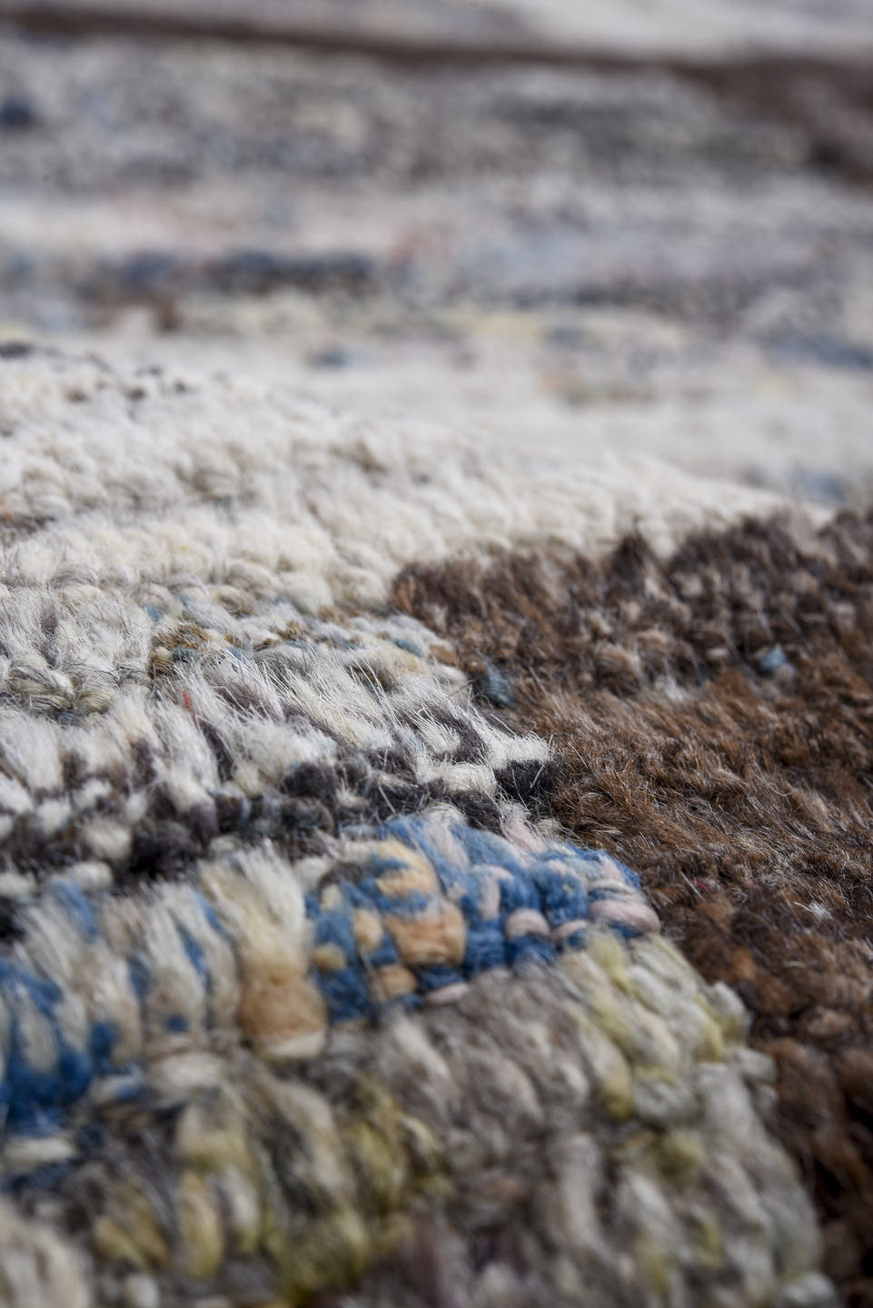 14' x 19' one-of-a-kind handmade vintage Tulu oversize rug. Color palette: ivory, charcoal, slate, taupe, sky blue, cream