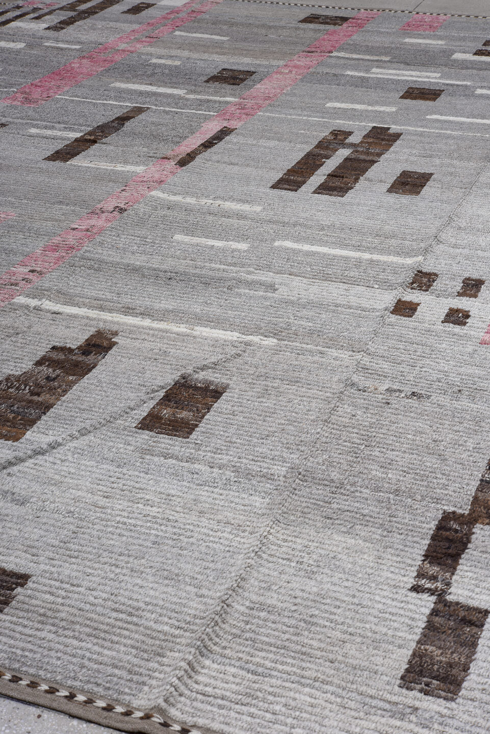 13' x 16' one-of-a-kind handmade vintage Tulu oversize rug. Color palette: gray, ivory, charcoal, blush, taupe, black, pink