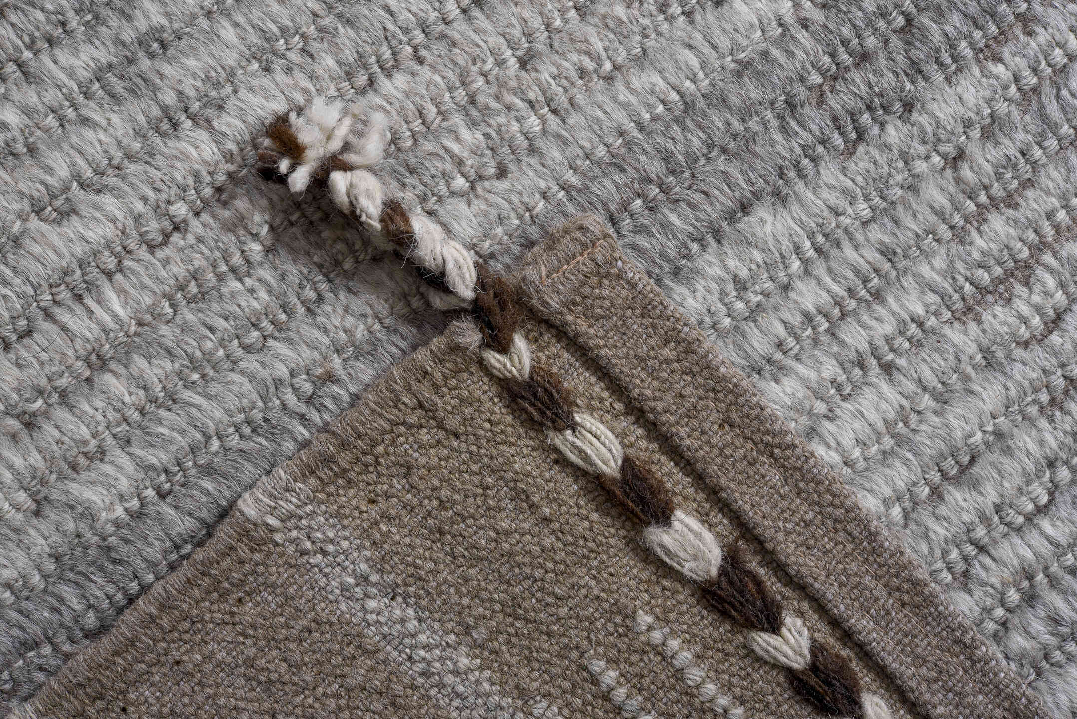 13' x 16' one-of-a-kind handmade vintage Tulu oversize rug. Color palette: gray, ivory, charcoal, blush, taupe, black, pink