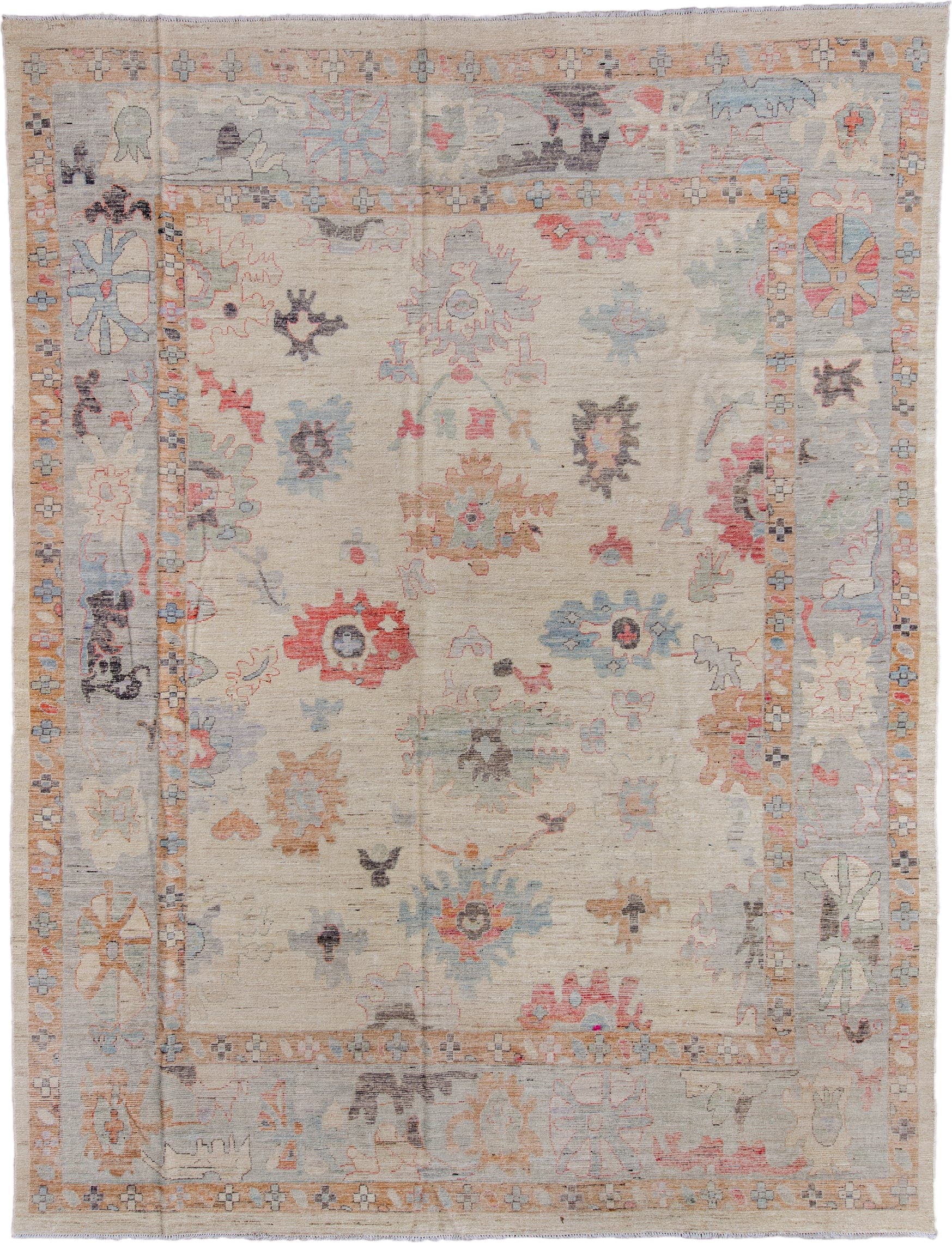 11' x 14' one-of-a-kind handmade vintage Oushak oversize rug. Color palette: ivory, beige, pale blue, blush, taupe, sand