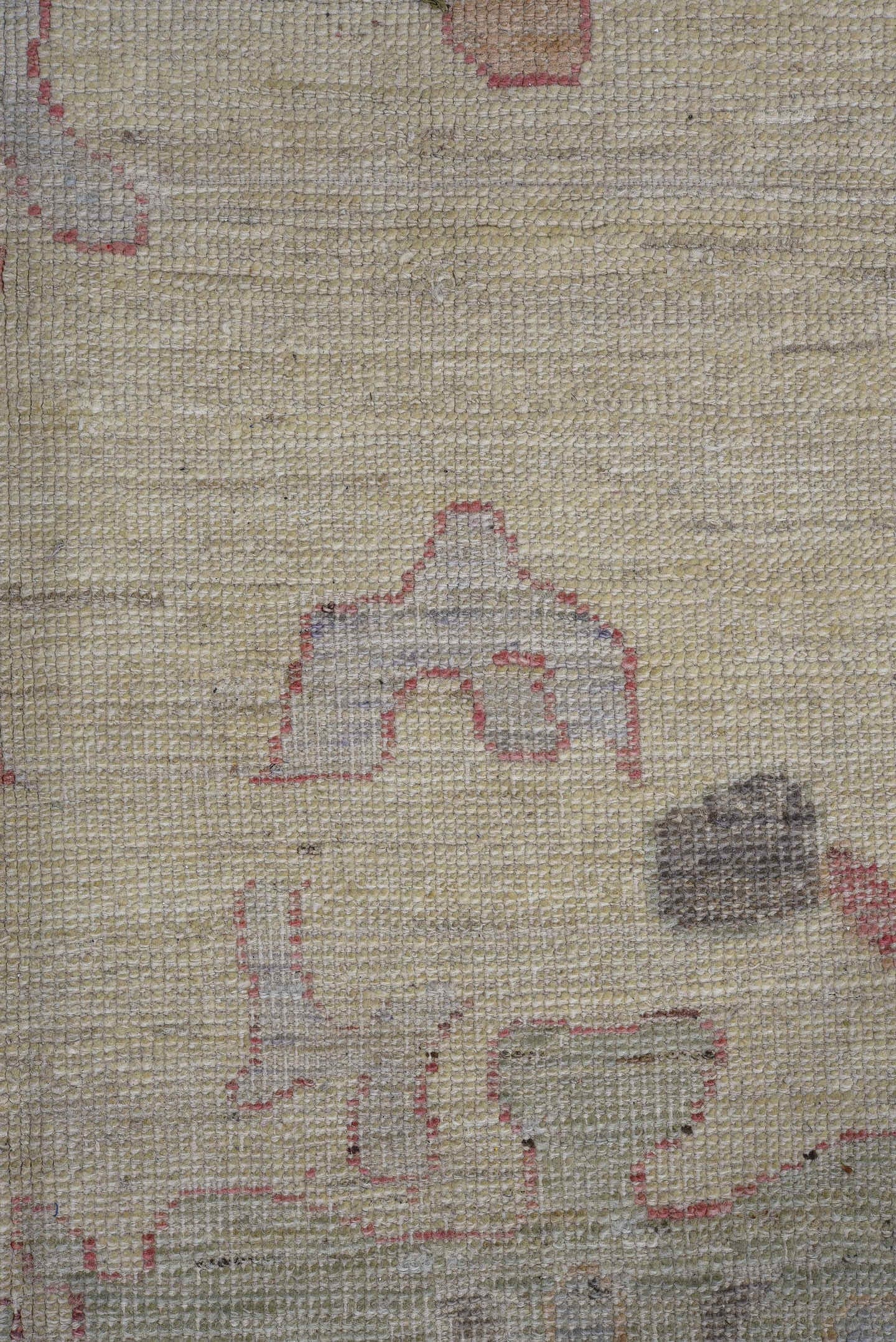 11' x 14' one-of-a-kind handmade vintage Oushak oversize rug. Color palette: ivory, beige, pale blue, blush, taupe, sand