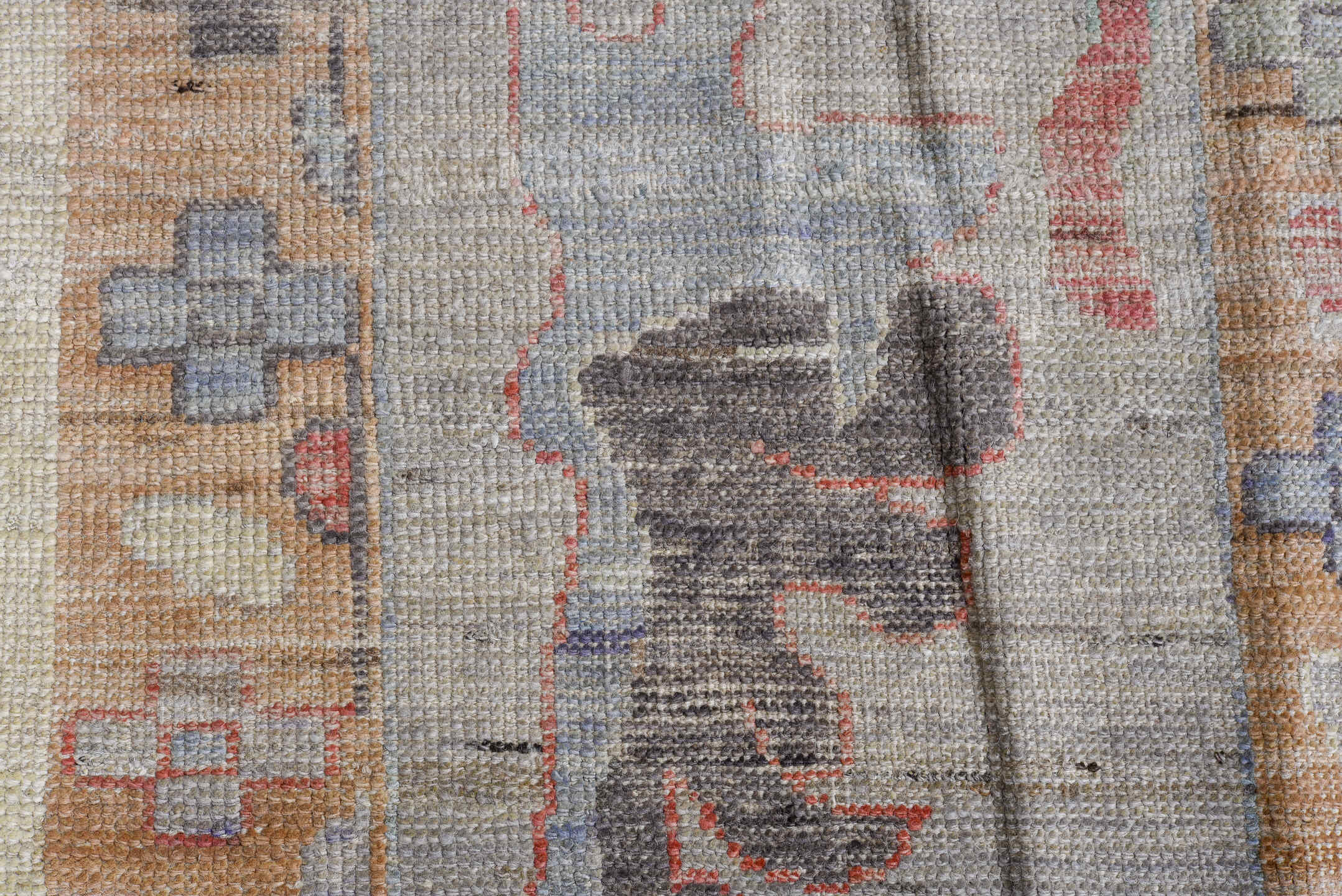 11' x 14' one-of-a-kind handmade vintage Oushak oversize rug. Color palette: ivory, beige, pale blue, blush, taupe, sand