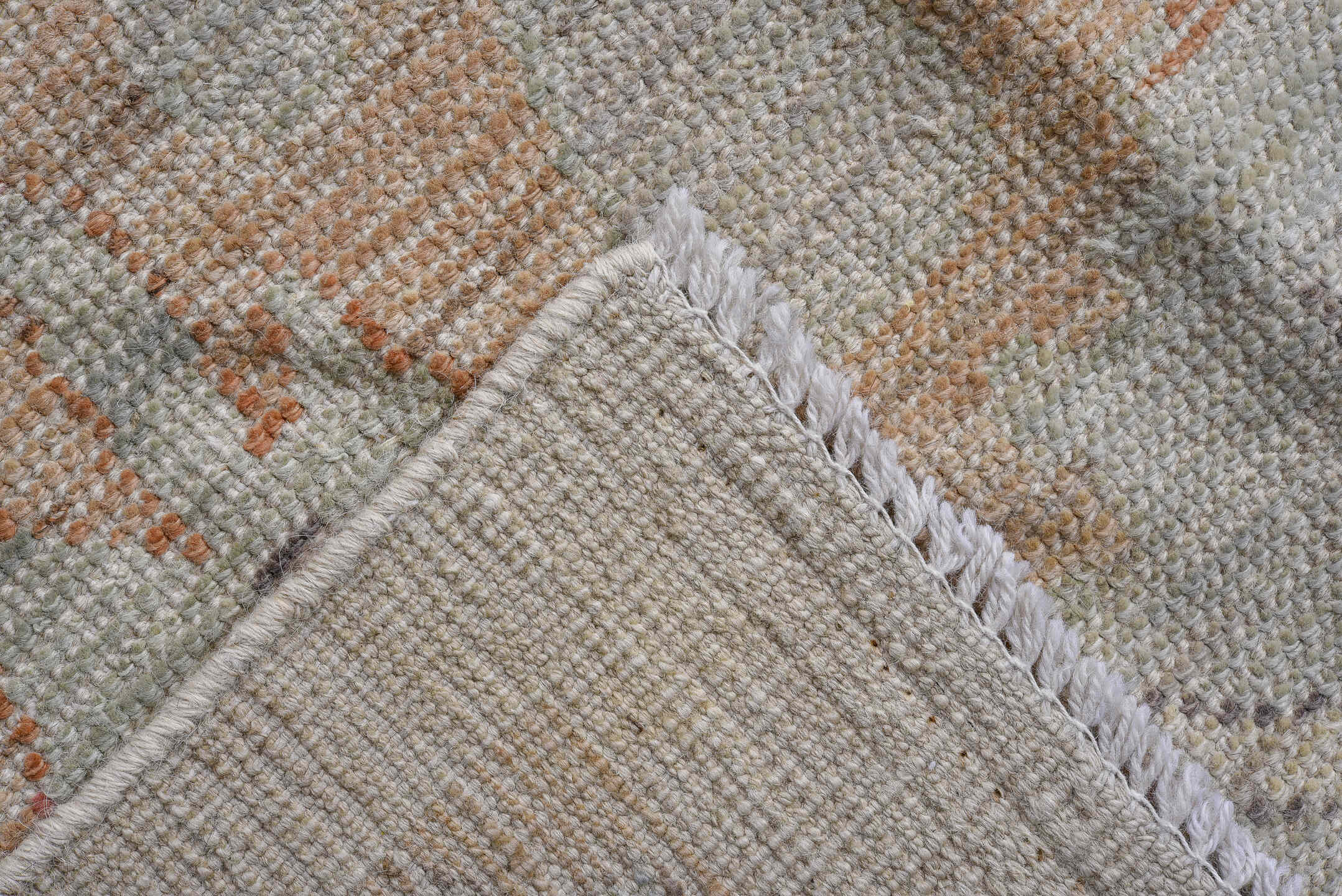 11' x 14' one-of-a-kind handmade vintage Oushak oversize rug. Color palette: ivory, beige, pale blue, blush, taupe, sand