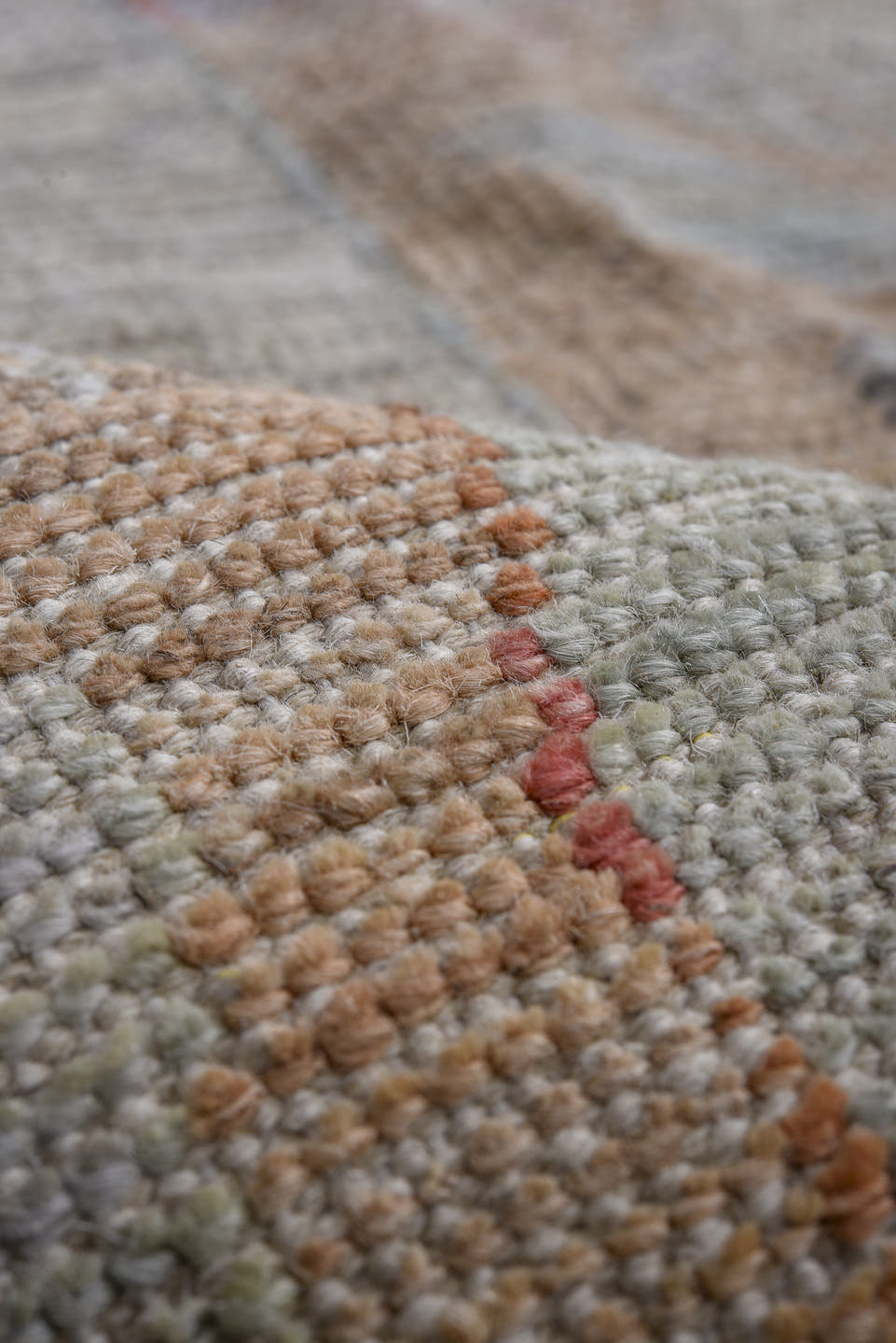 11' x 14' one-of-a-kind handmade vintage Oushak oversize rug. Color palette: ivory, beige, pale blue, blush, taupe, sand