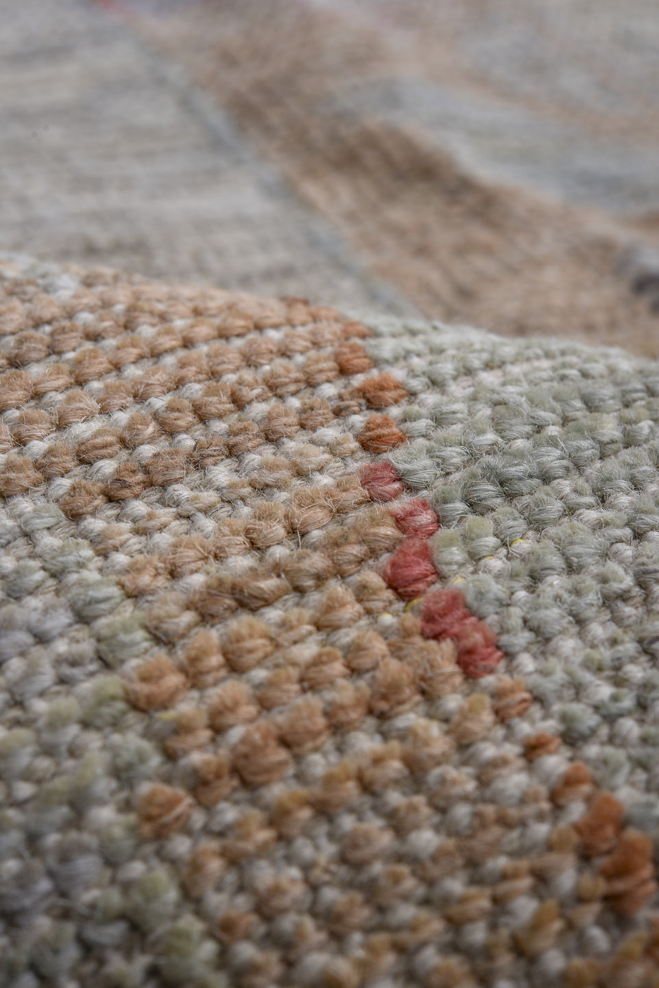 11' x 14' one-of-a-kind handmade vintage Oushak oversize rug. Color palette: ivory, beige, pale blue, blush, taupe, sand