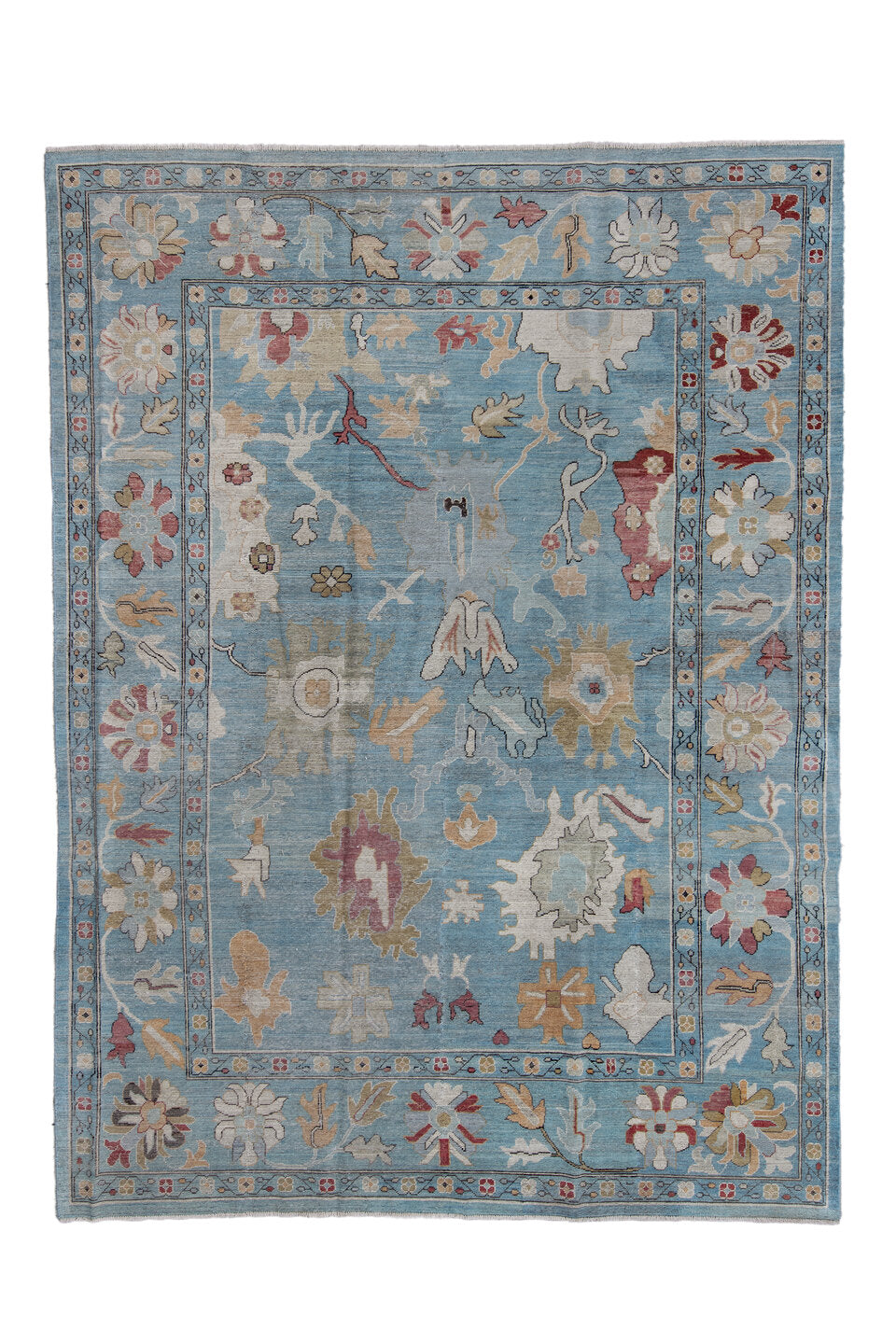 8' x 11' one-of-a-kind handmade vintage Oushak large size rug. Color palette: black, blue, brown, charcoal, dark gray