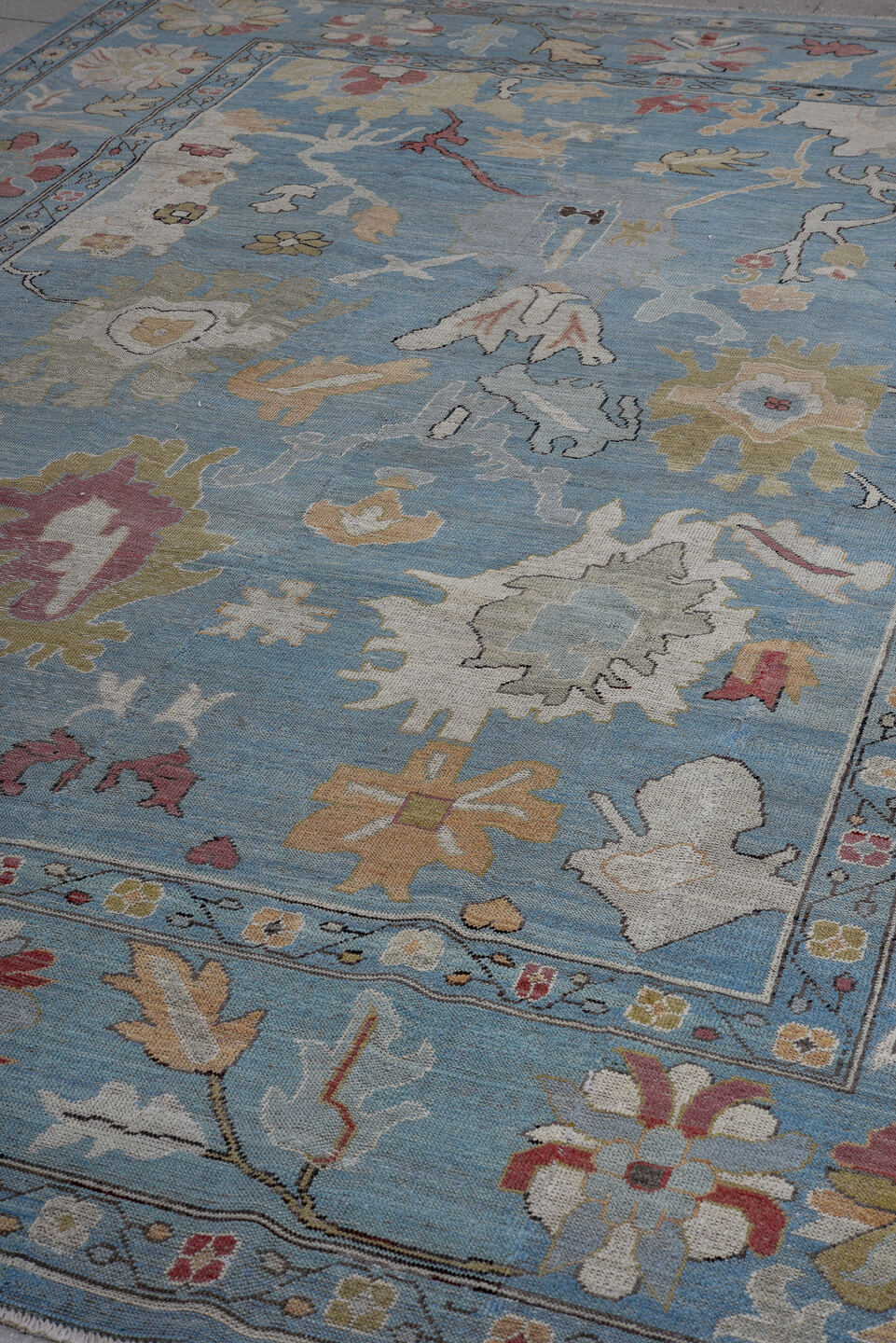 8' x 11' one-of-a-kind handmade vintage Oushak large size rug. Color palette: sky blue, ivory, blush, gold, beige, rose