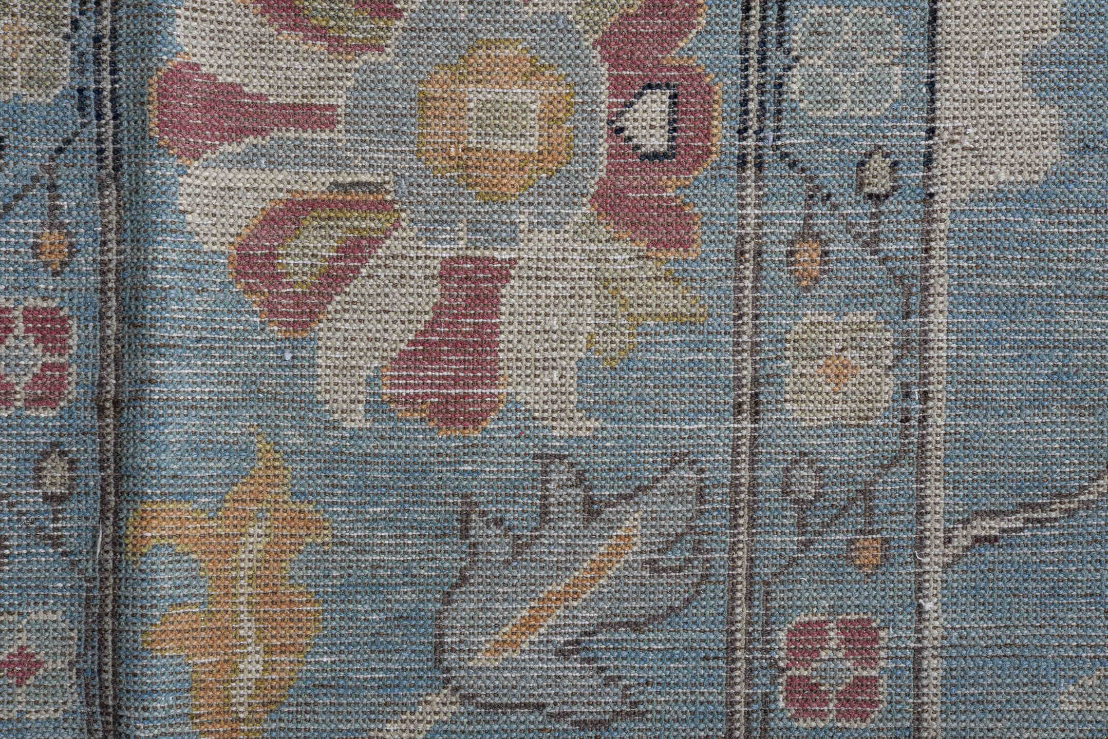 8' x 11' one-of-a-kind handmade vintage Oushak large size rug. Color palette: sky blue, ivory, blush, gold, beige, rose