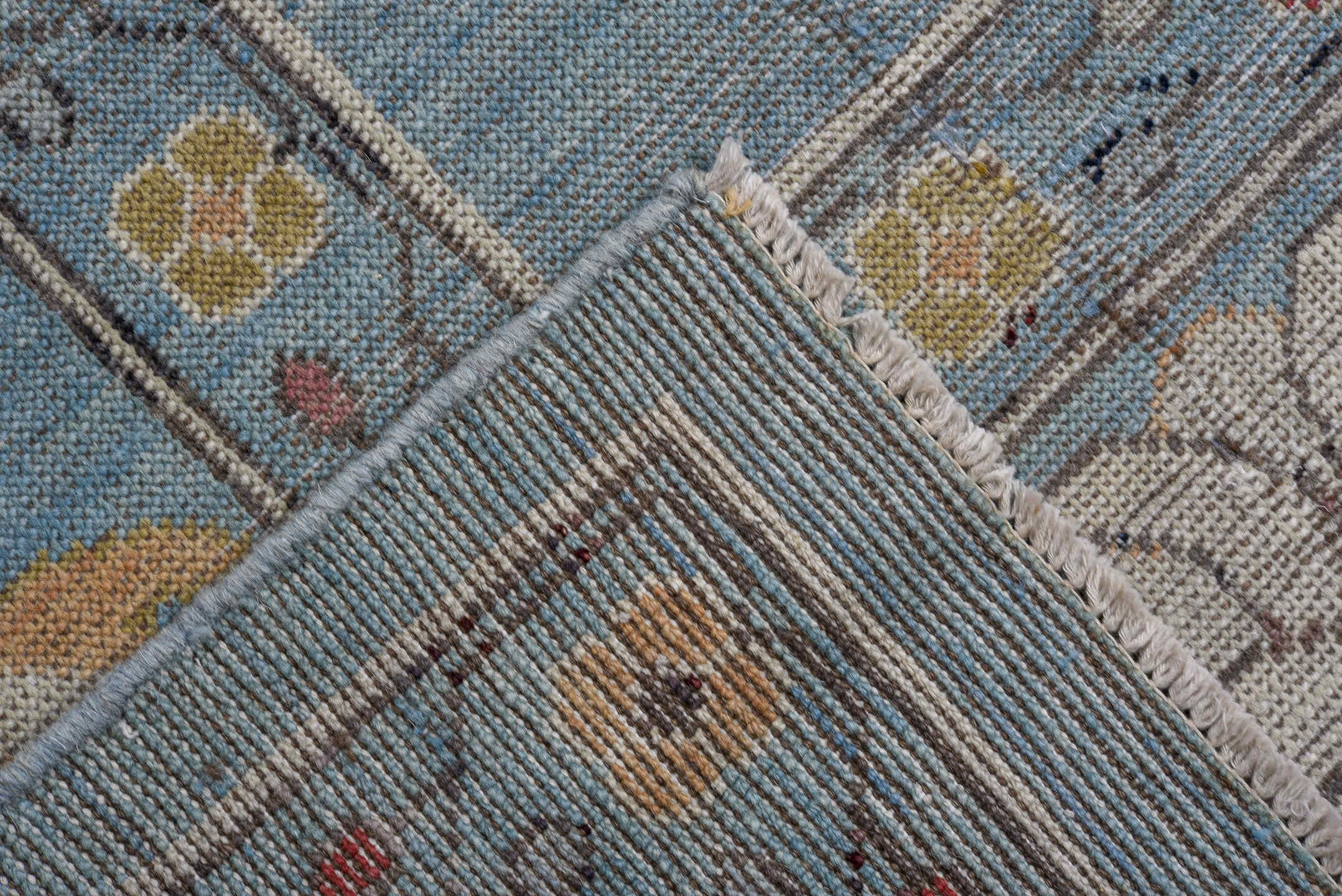 8' x 11' one-of-a-kind handmade vintage Oushak large size rug. Color palette: sky blue, ivory, blush, gold, beige, rose