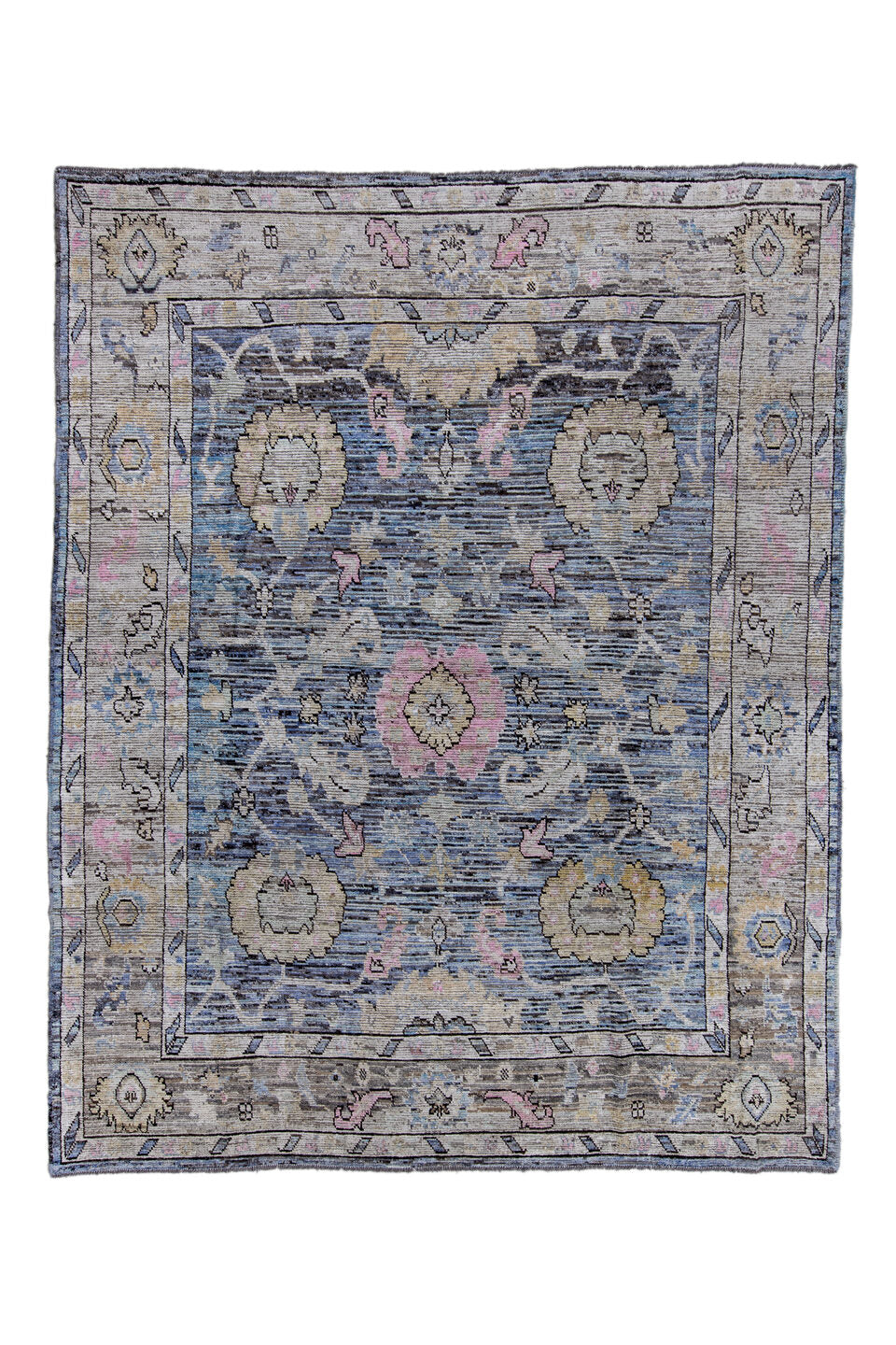 9' x 11' one-of-a-kind handmade vintage Oushak large size rug. Color palette: black, blue, charcoal, gray, light blue